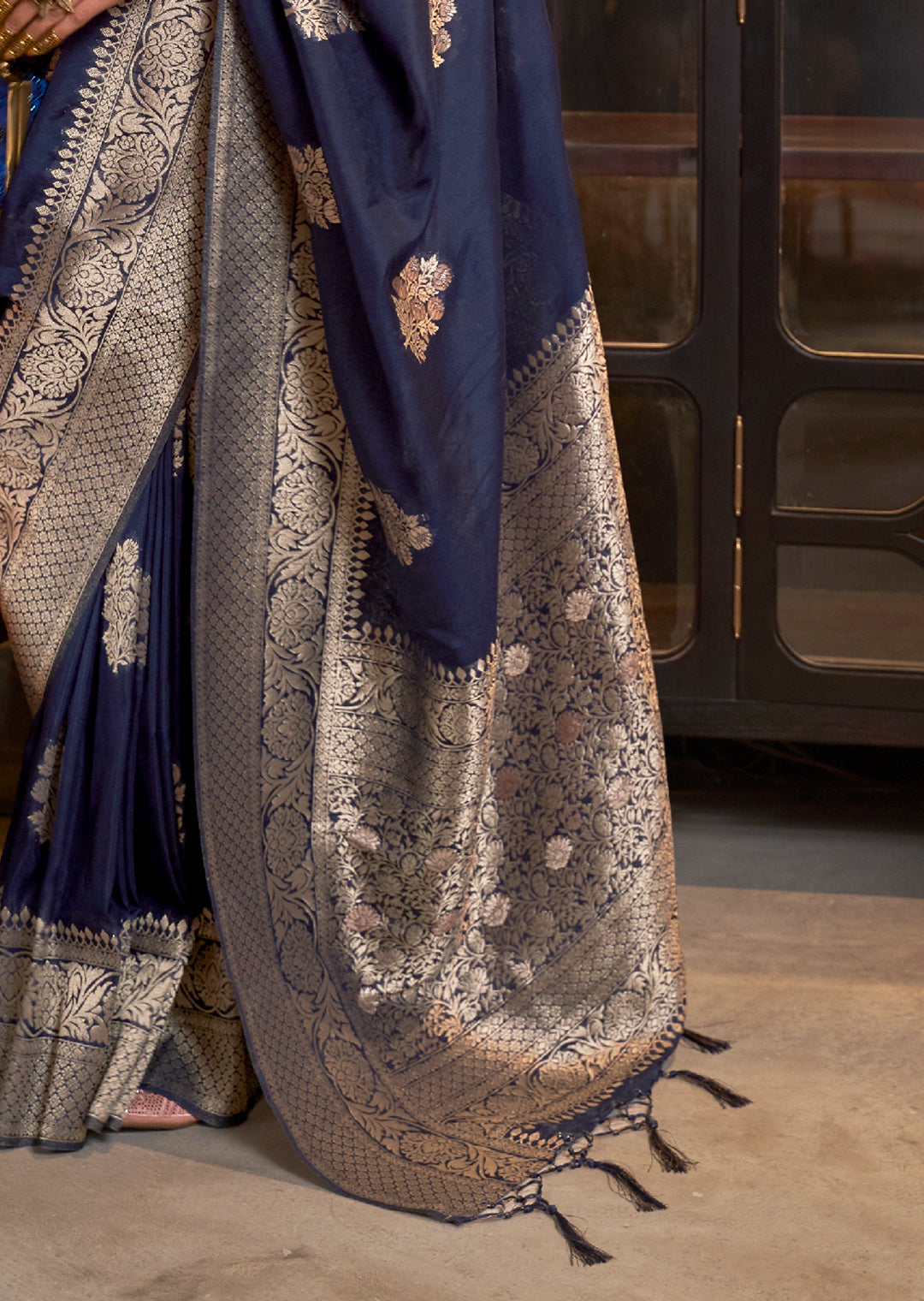 Navy Blue Zari Woven Pure Khaddi Banarasi Georgette Saree