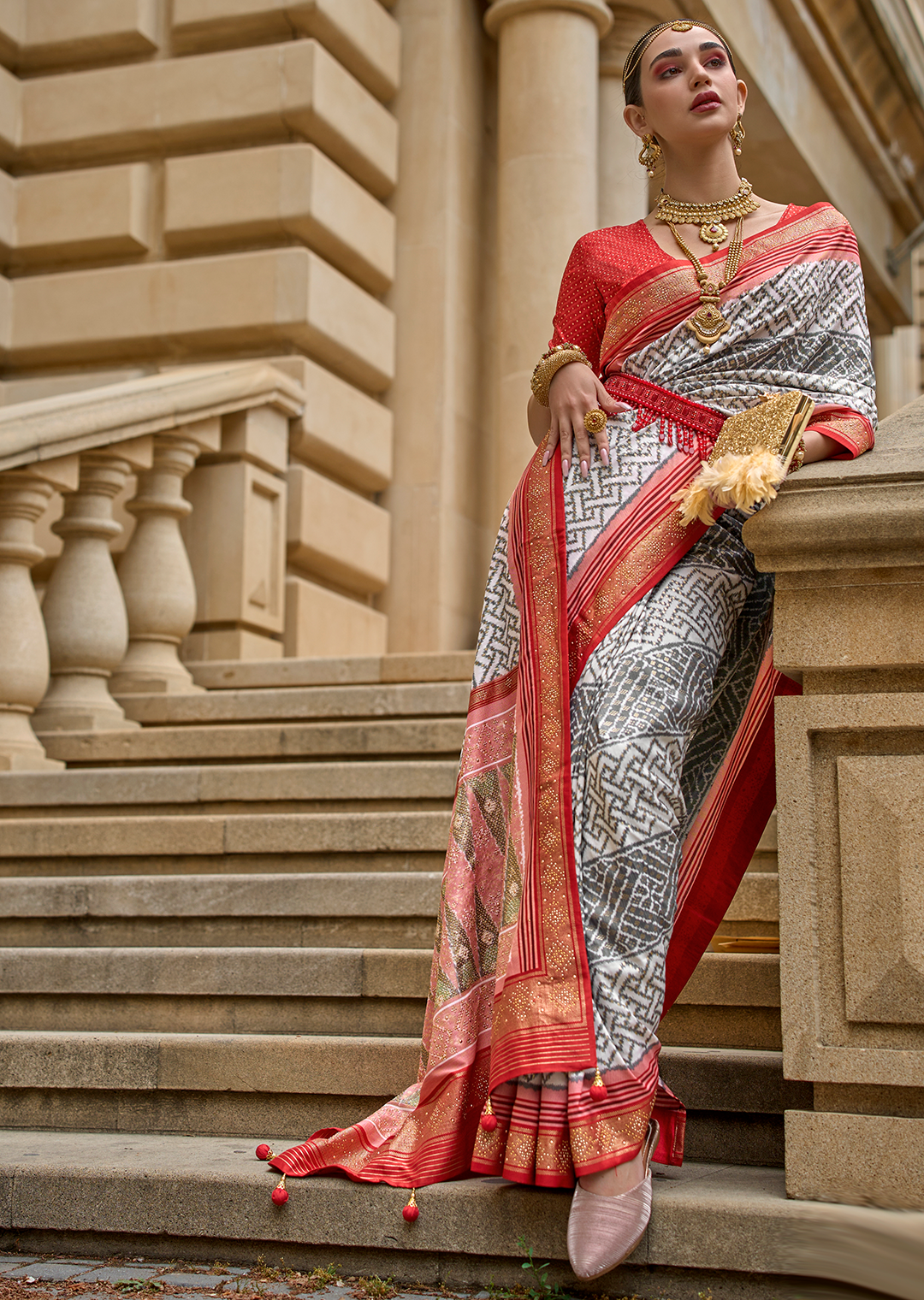 White & Red Woven Royal Traditional Patola Silk Saree