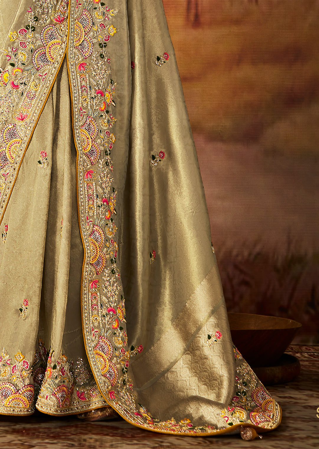 Light Tea Green Zari Woven Heavy Embroidered Designer Kanjivaram Silk Saree