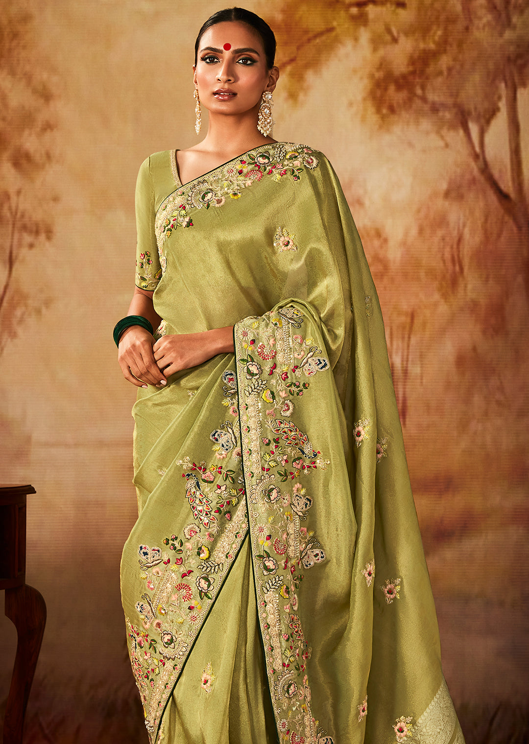 Pear Green Zari Woven Heavy Embroidered Designer Kanjivaram Silk Saree