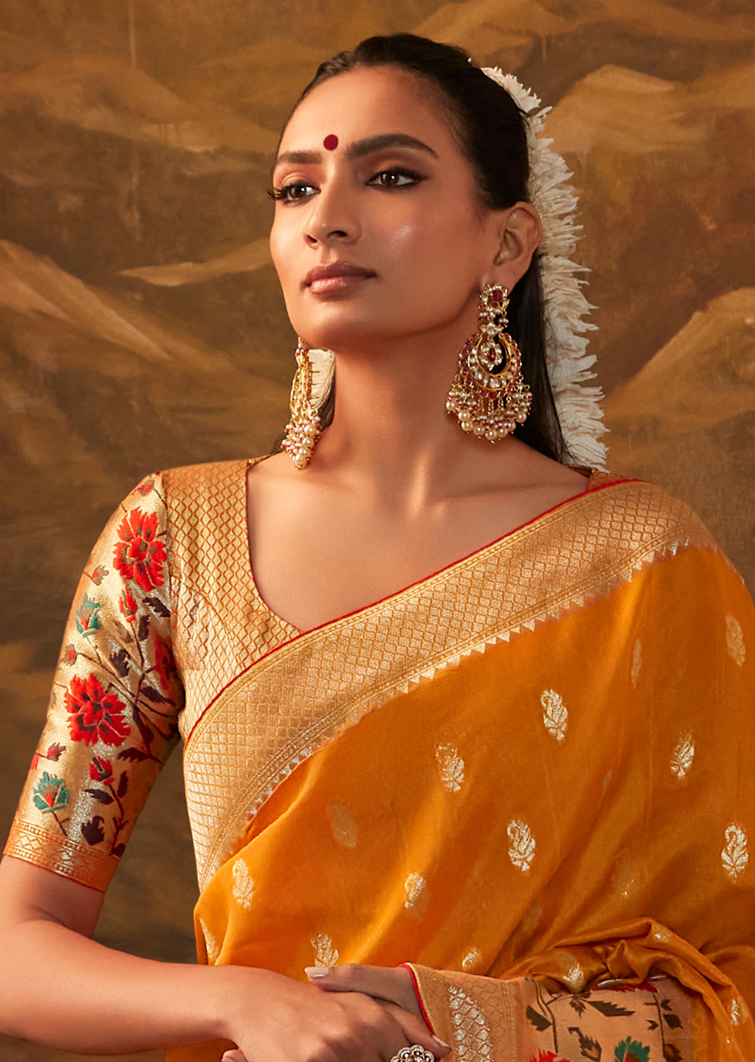 Mustard Yellow Zari & Resham Woven Designer Banarasi Silk Saree