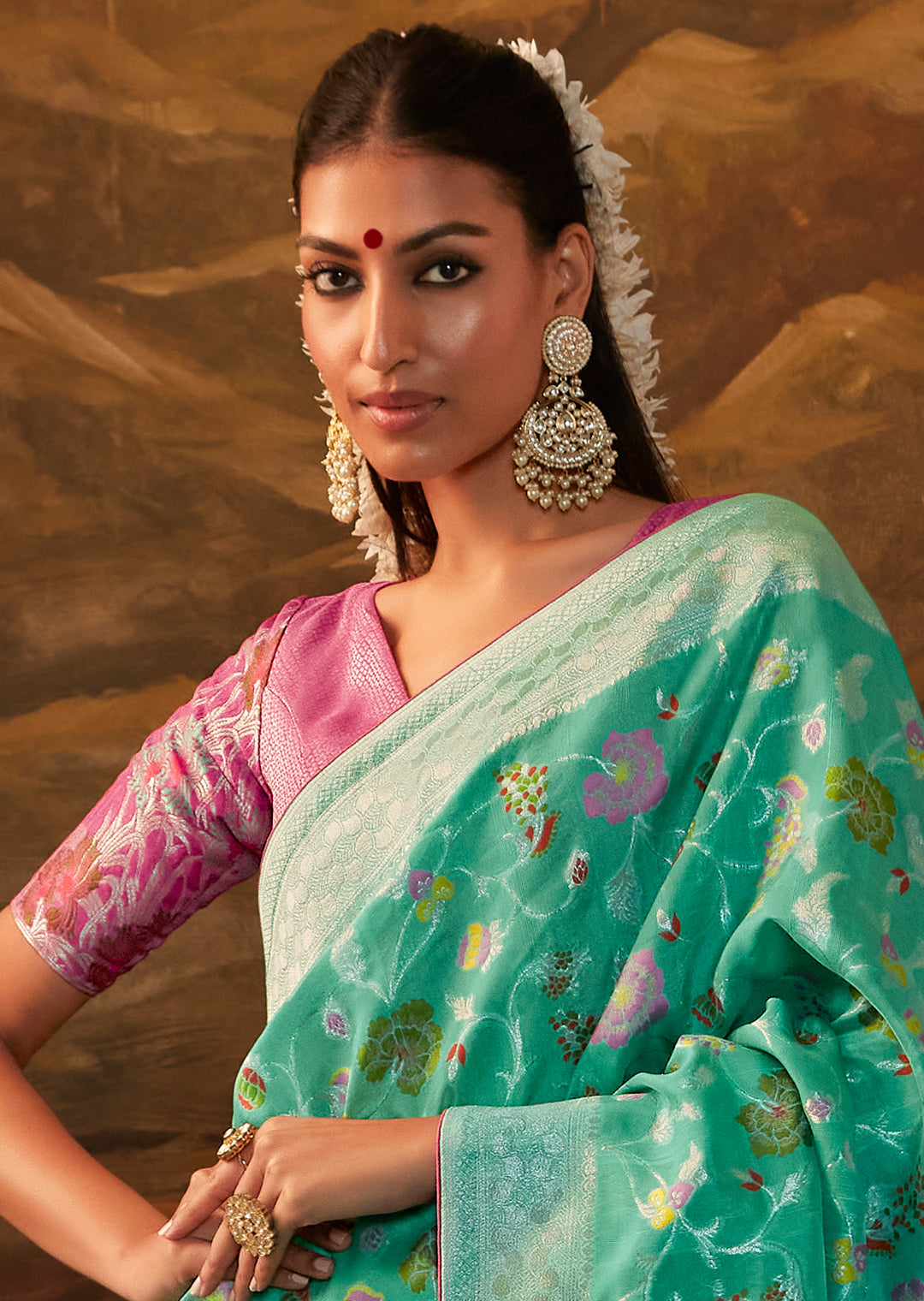 Turquoise Green Zari & Resham Woven Designer Banarasi Silk Saree