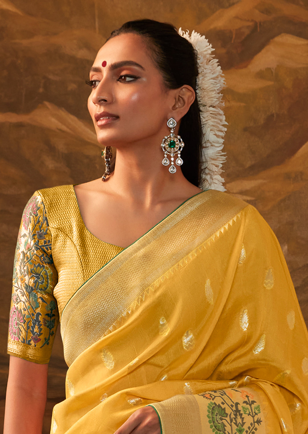 Corn Yellow Zari & Resham Woven Designer Banarasi Silk Saree