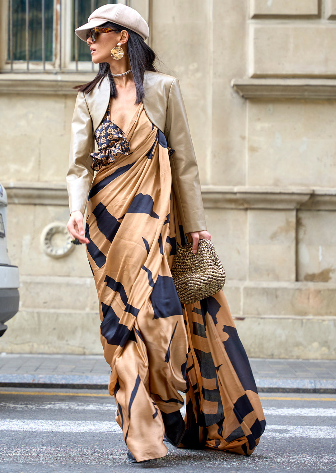 Deep Beige Woven Digital Printed Pure Satin Crepe Silk Saree