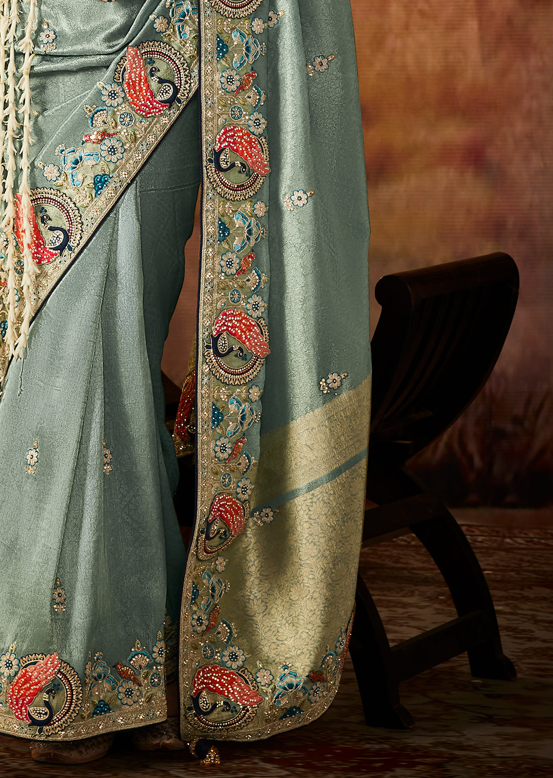 Powder Blue	Zari Woven Heavy Embroidered Designer Kanjivaram Silk Saree