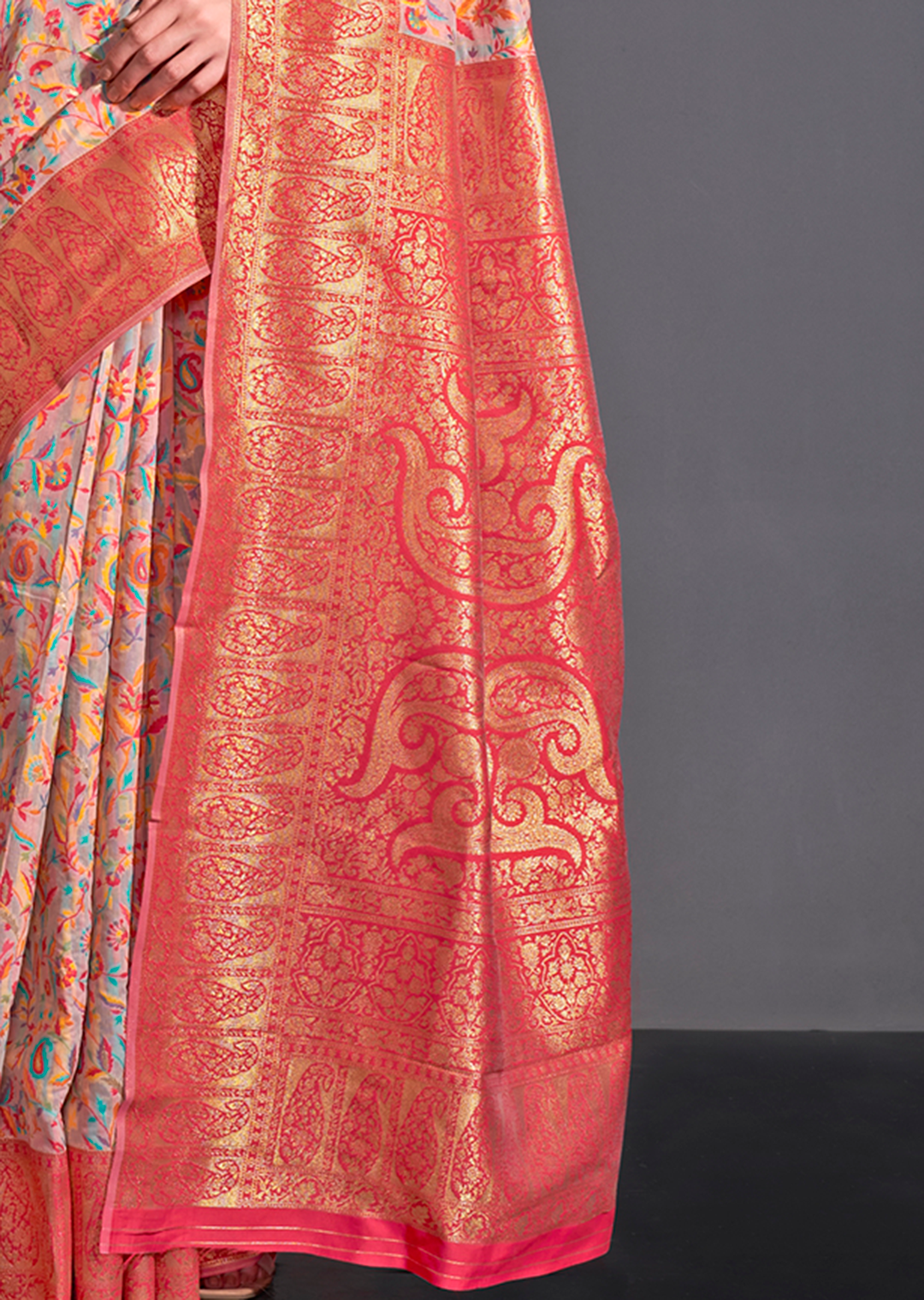 Peach Resham Woven Kashmiri Jamewar Silk Saree