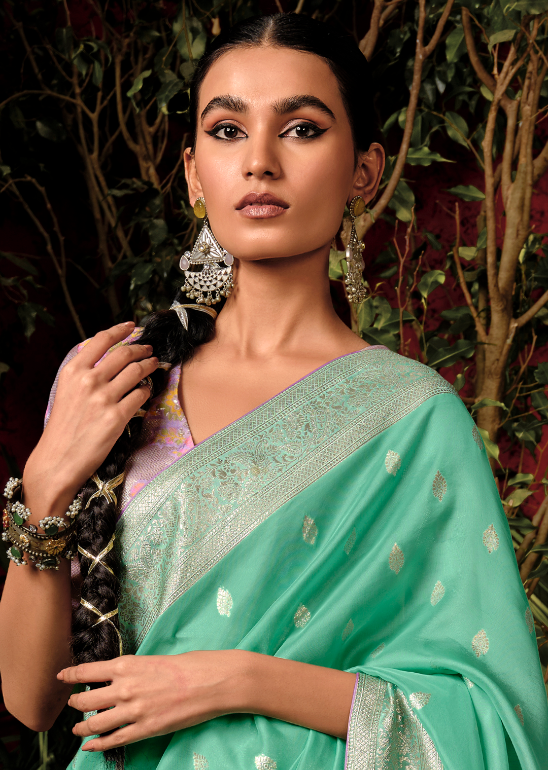 Mint Green Woven Pure Viscose Dola Silk Banarasi Saree