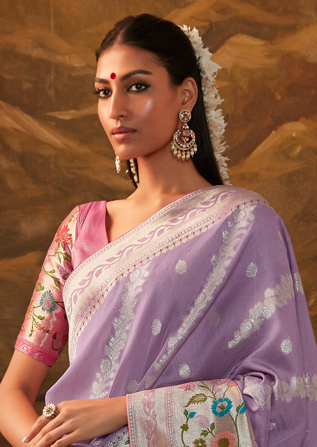 Periwinkle Purple Zari & Resham Woven Designer Banarasi Silk Saree