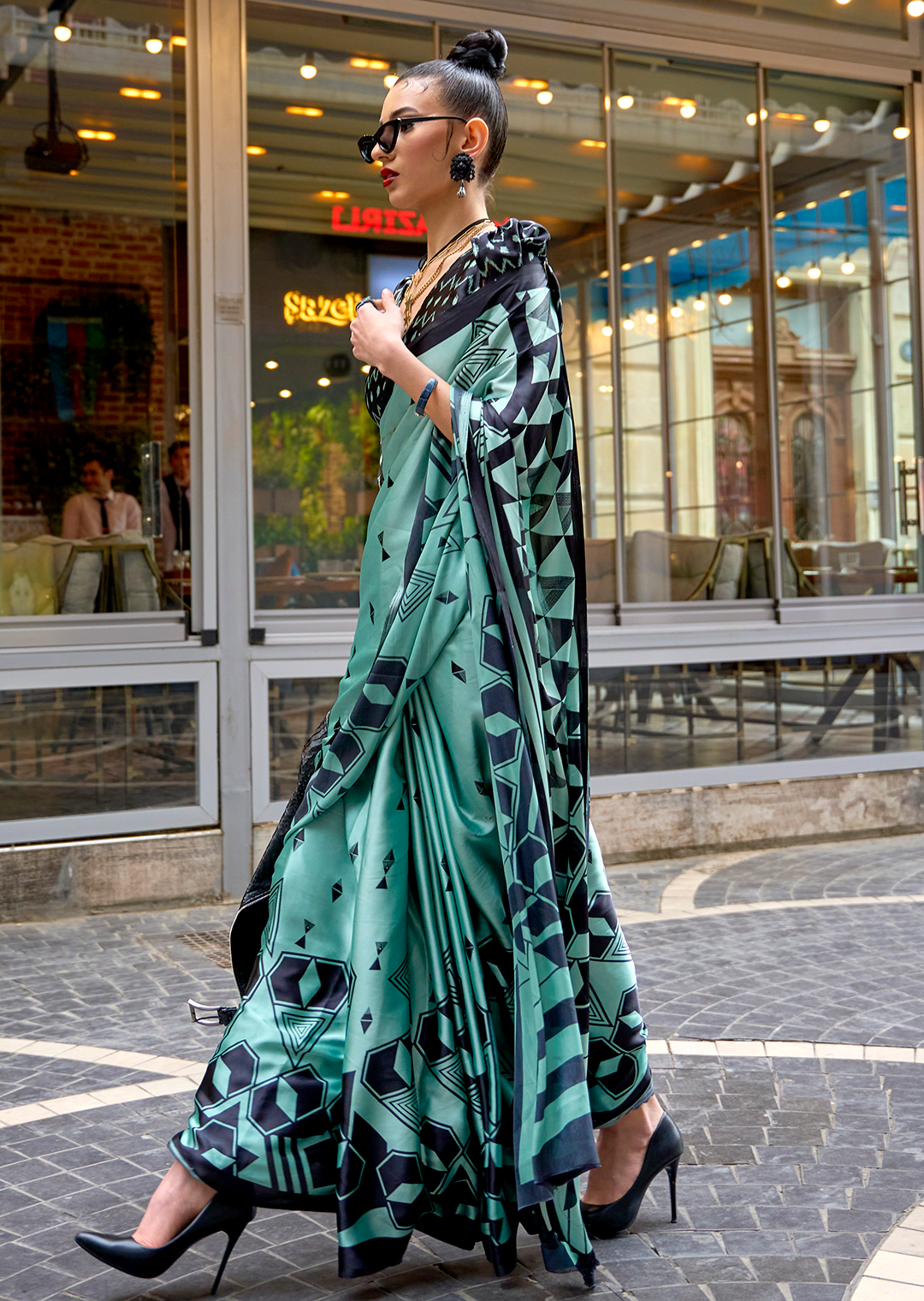 Mint Green Woven Digital Printed Pure Satin Crepe Silk Saree