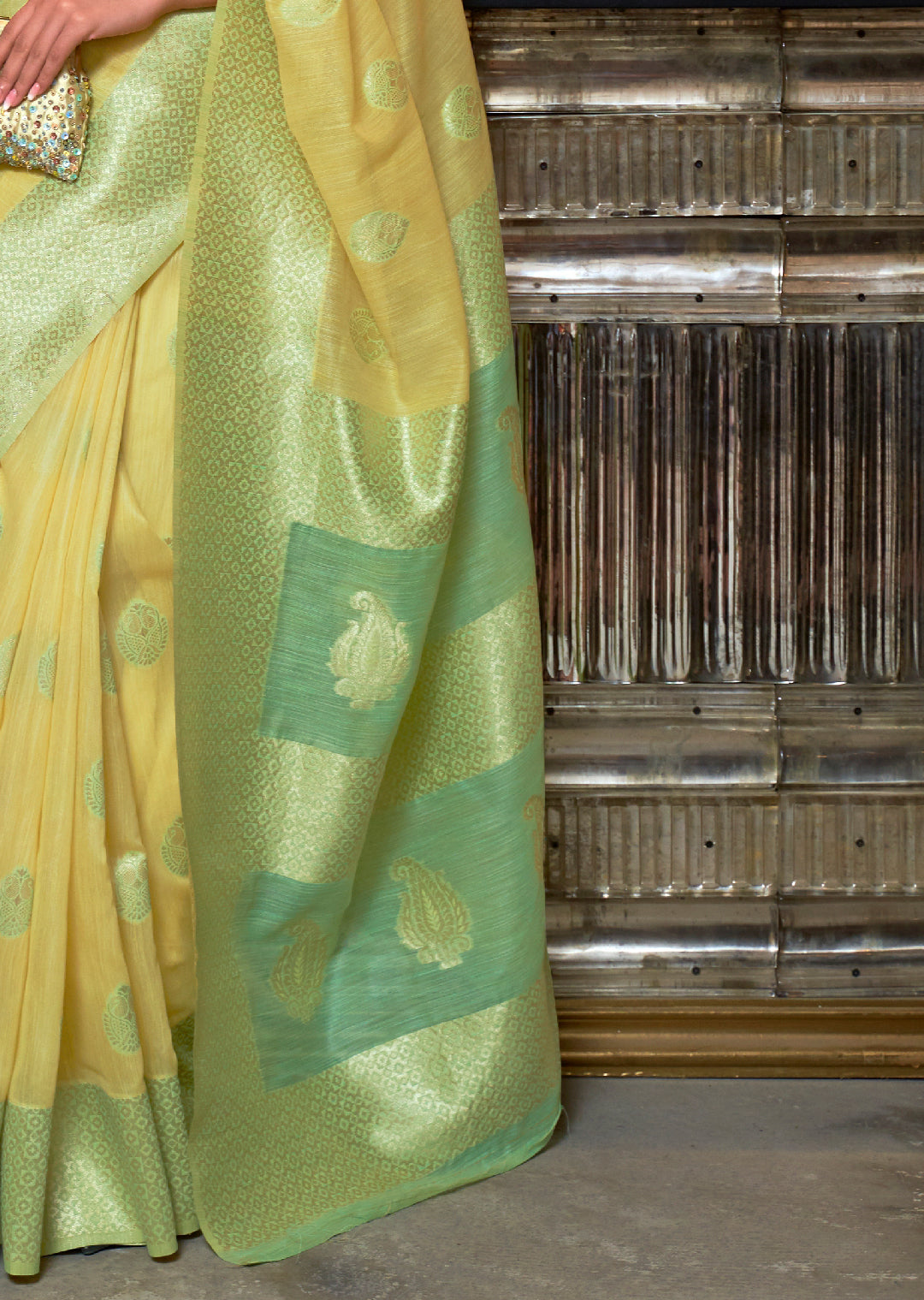 Lime Yellow Woven Pure Handloom Linen Saree