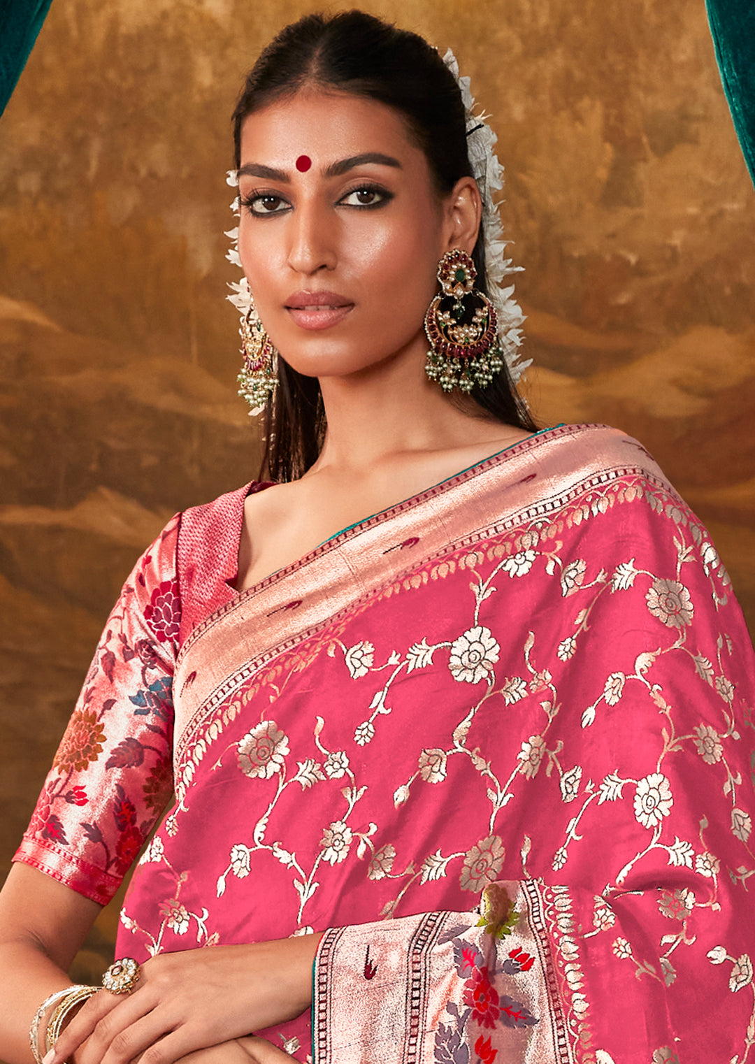 Cerise Pink Zari & Resham Woven Designer Banarasi Silk Saree