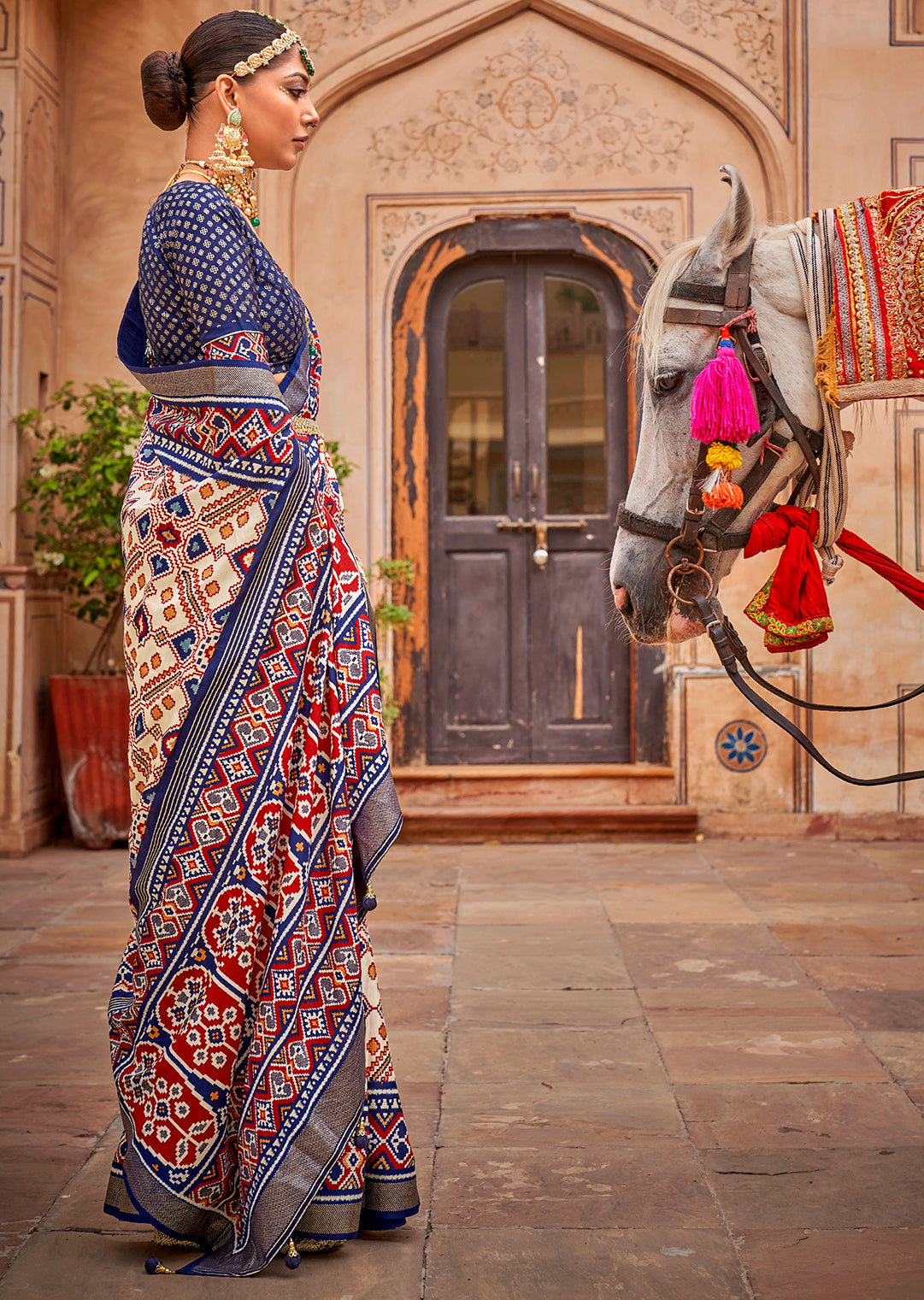 Steel Blue & White Woven Patola Silk Saree