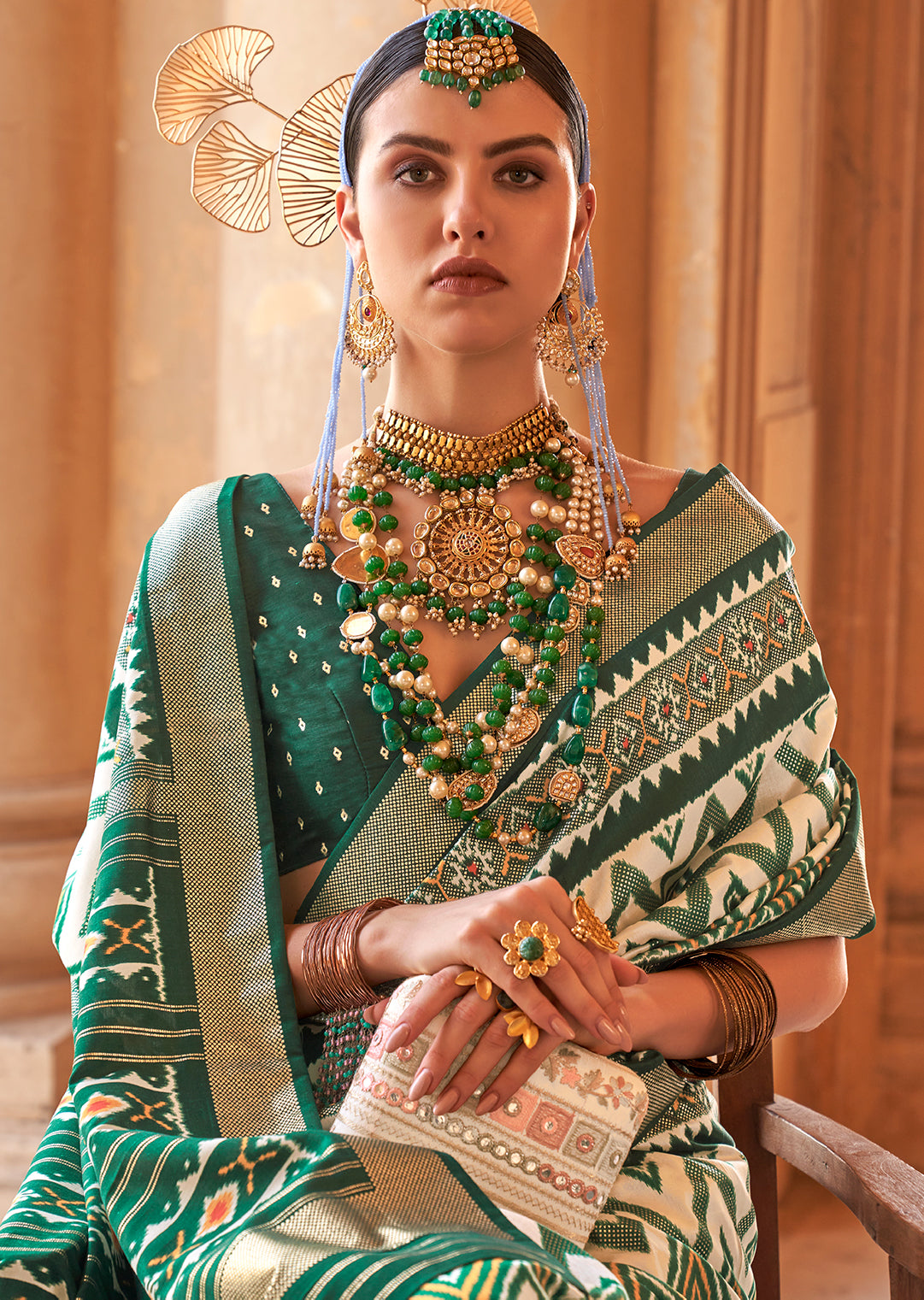 White & Green Woven Patola Silk Saree