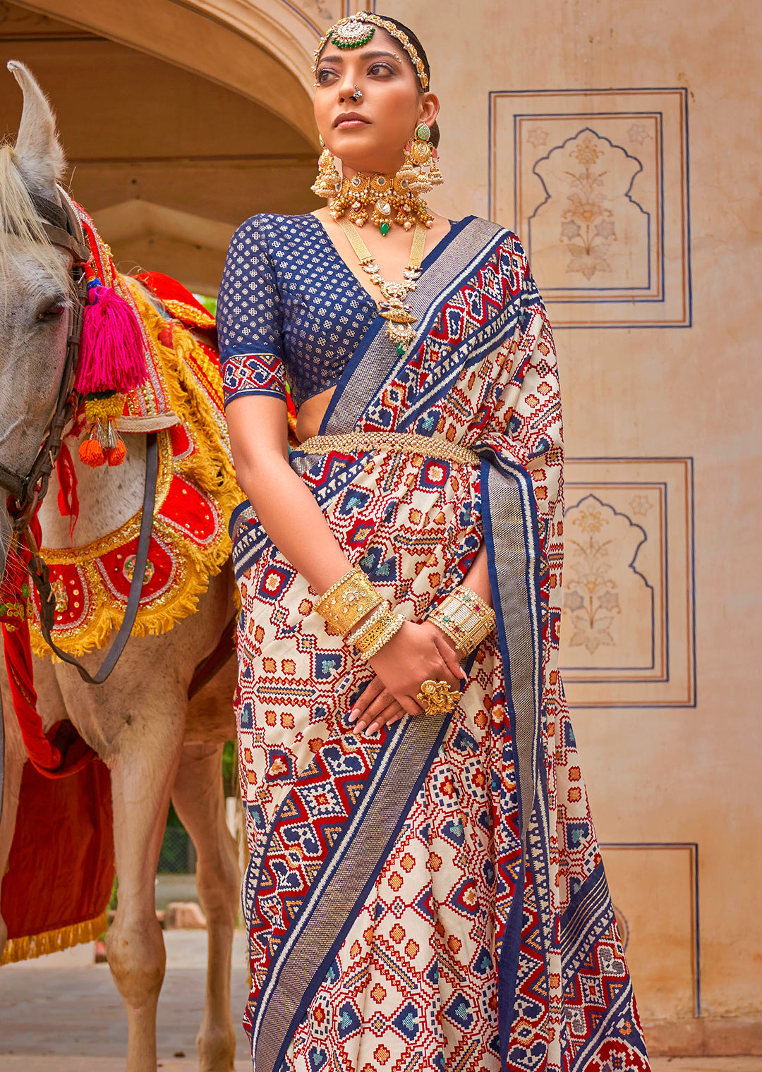 Steel Blue & White Woven Patola Silk Saree