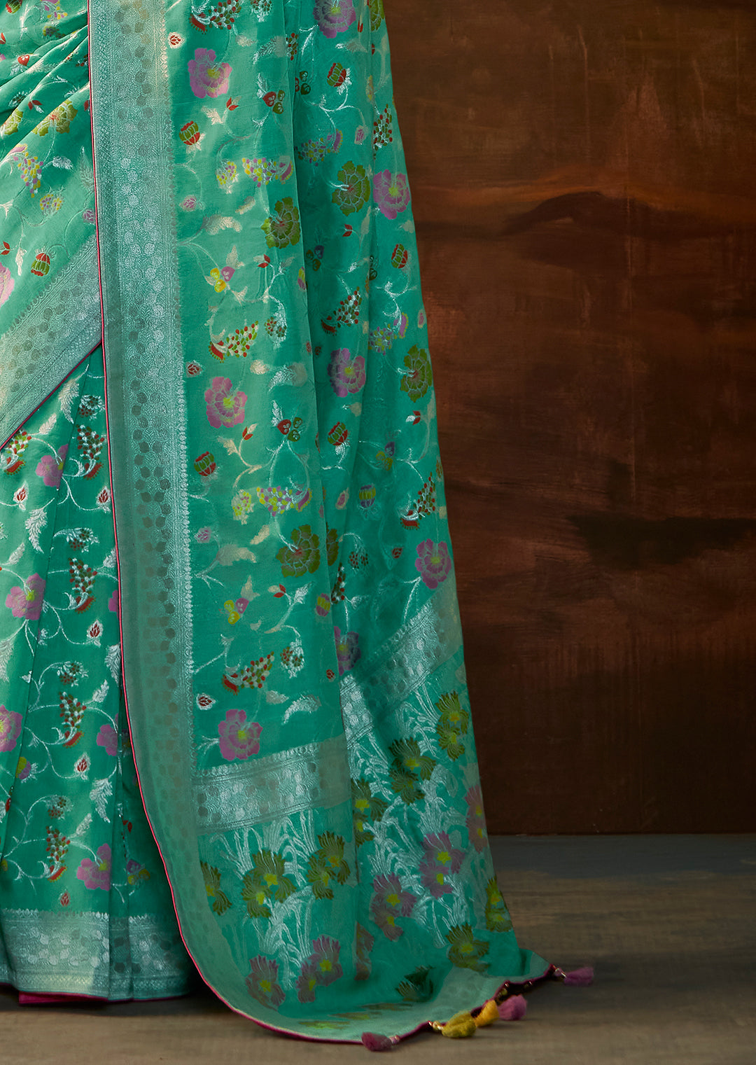 Turquoise Green Zari & Resham Woven Designer Banarasi Silk Saree