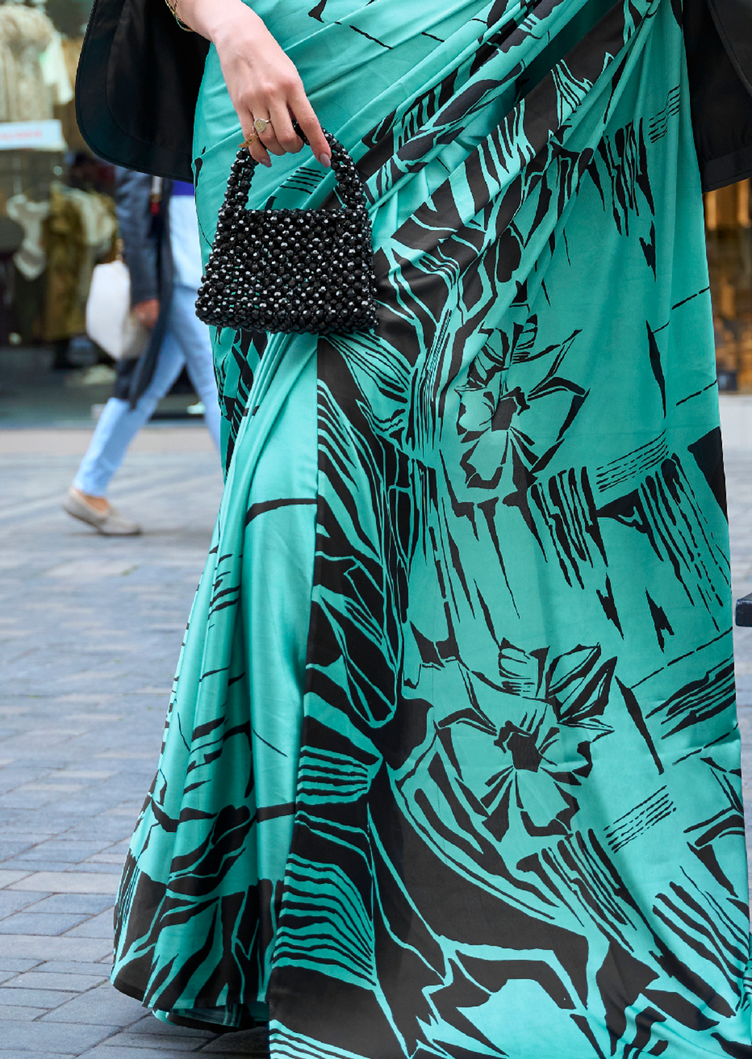 Cyan Blue Woven Digital Printed Pure Satin Crepe Silk Saree