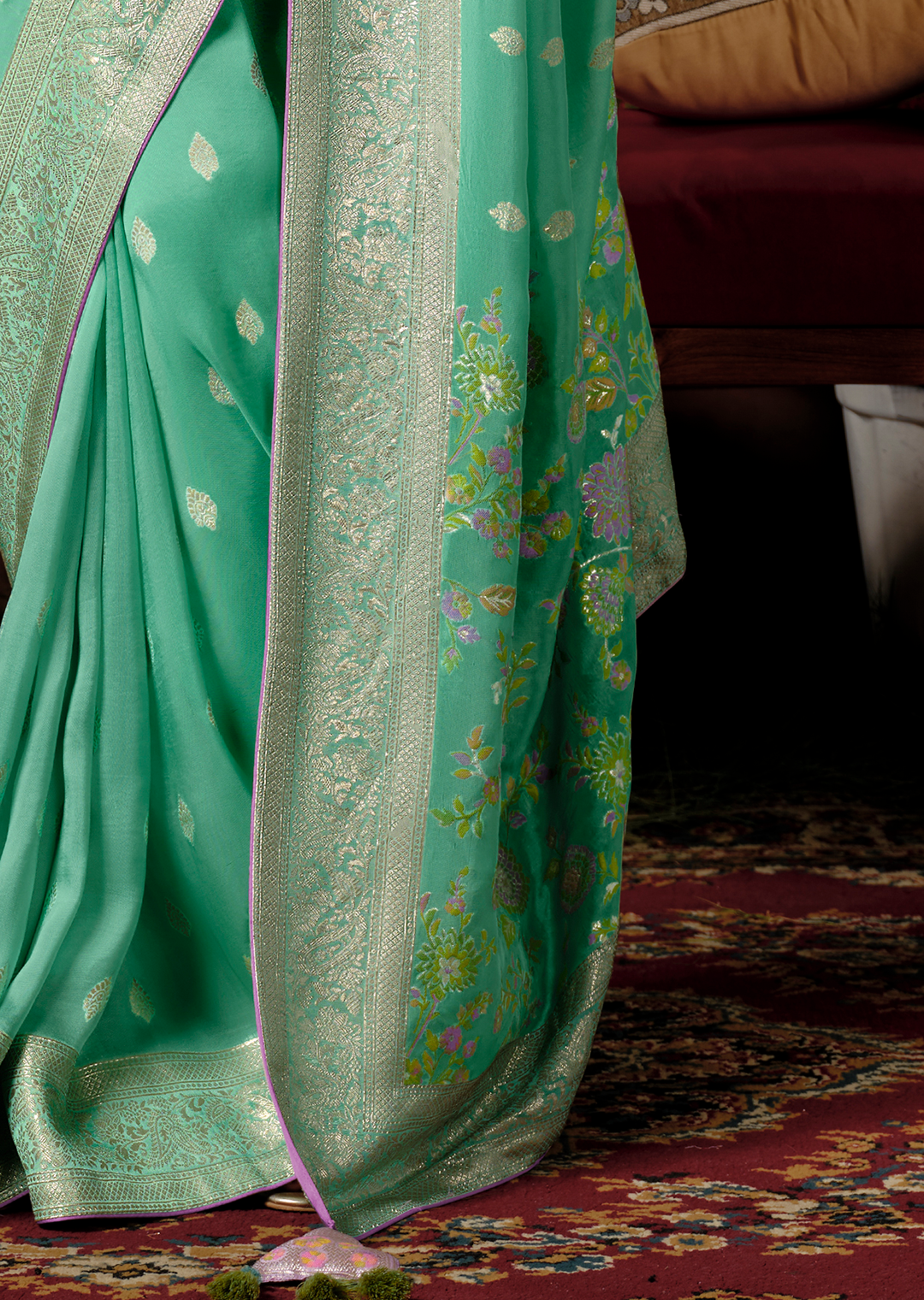 Mint Green Woven Pure Viscose Dola Silk Banarasi Saree