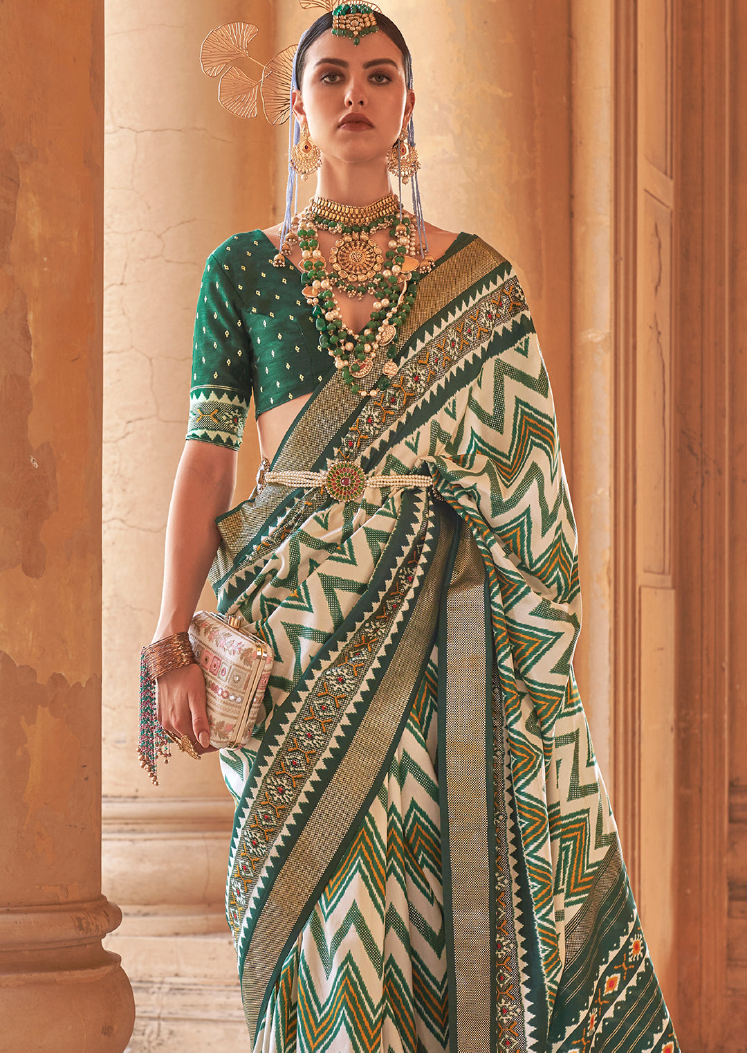 White & Green Woven Patola Silk Saree