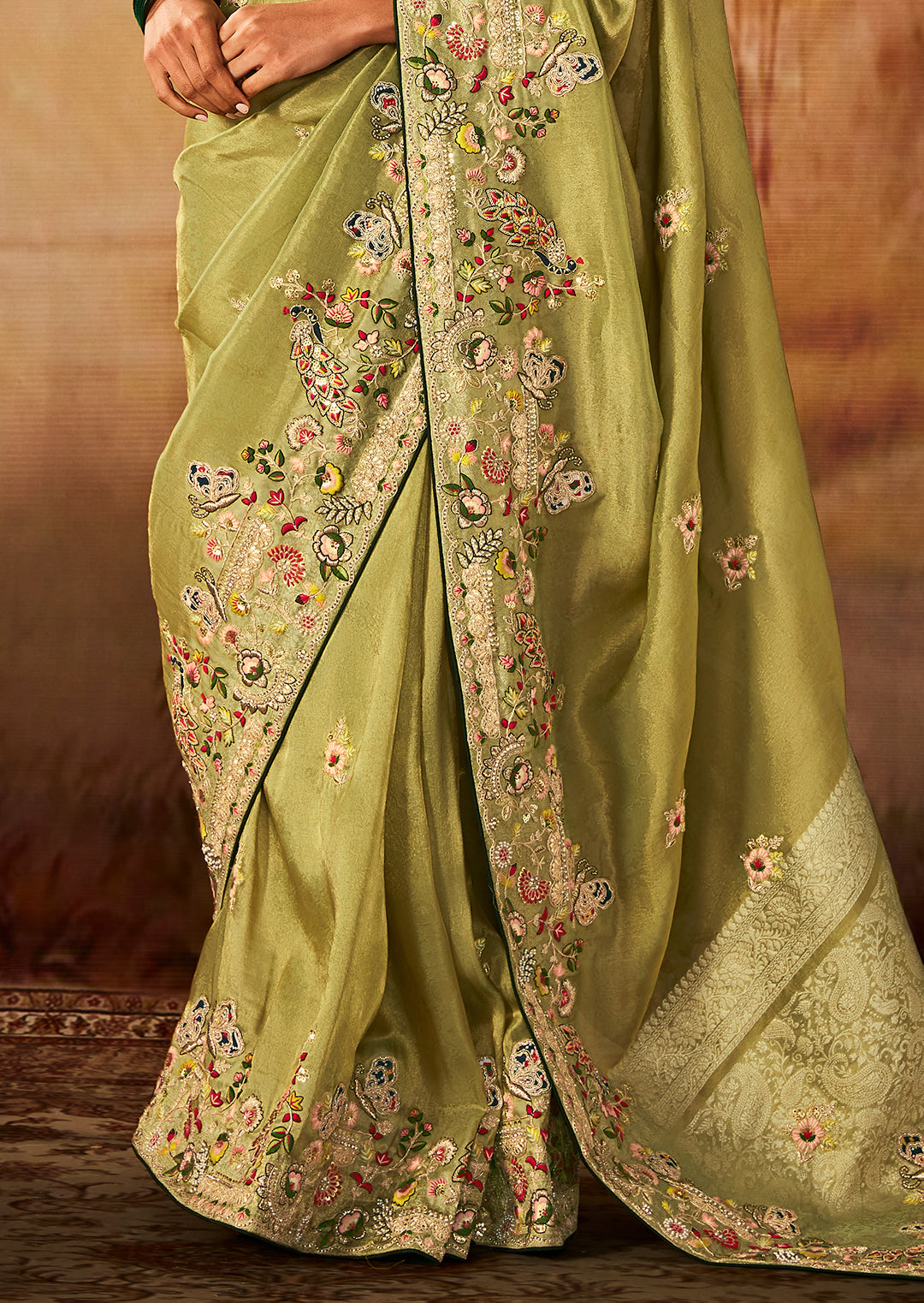 Pear Green Zari Woven Heavy Embroidered Designer Kanjivaram Silk Saree