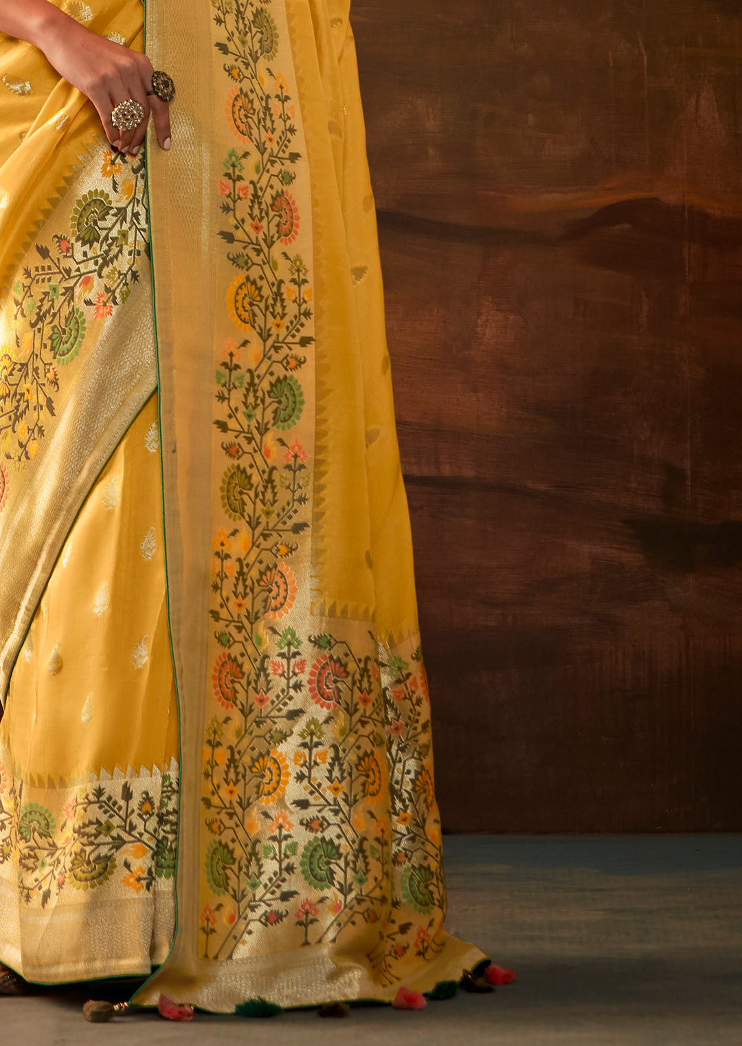 Corn Yellow Zari & Resham Woven Designer Banarasi Silk Saree