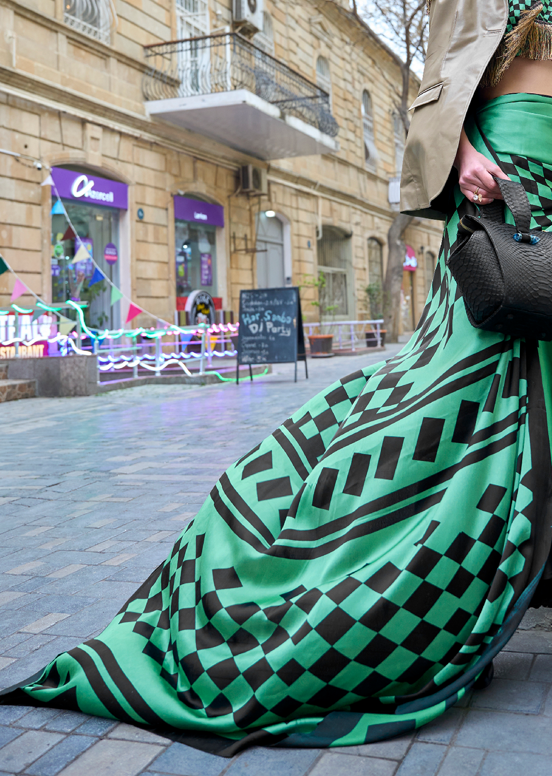 Jade Green Woven Digital Printed Pure Satin Crepe Silk Saree