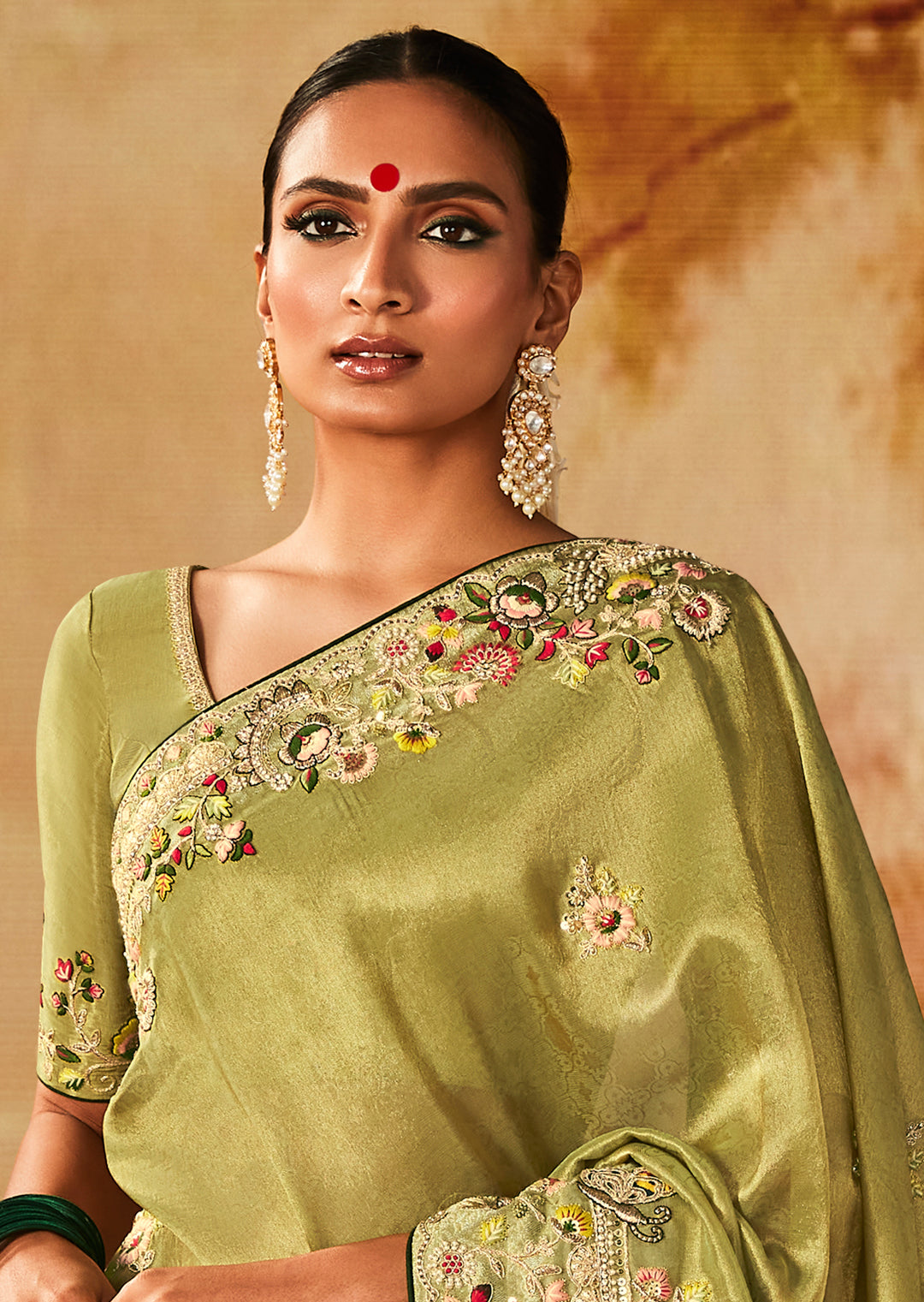 Pear Green Zari Woven Heavy Embroidered Designer Kanjivaram Silk Saree