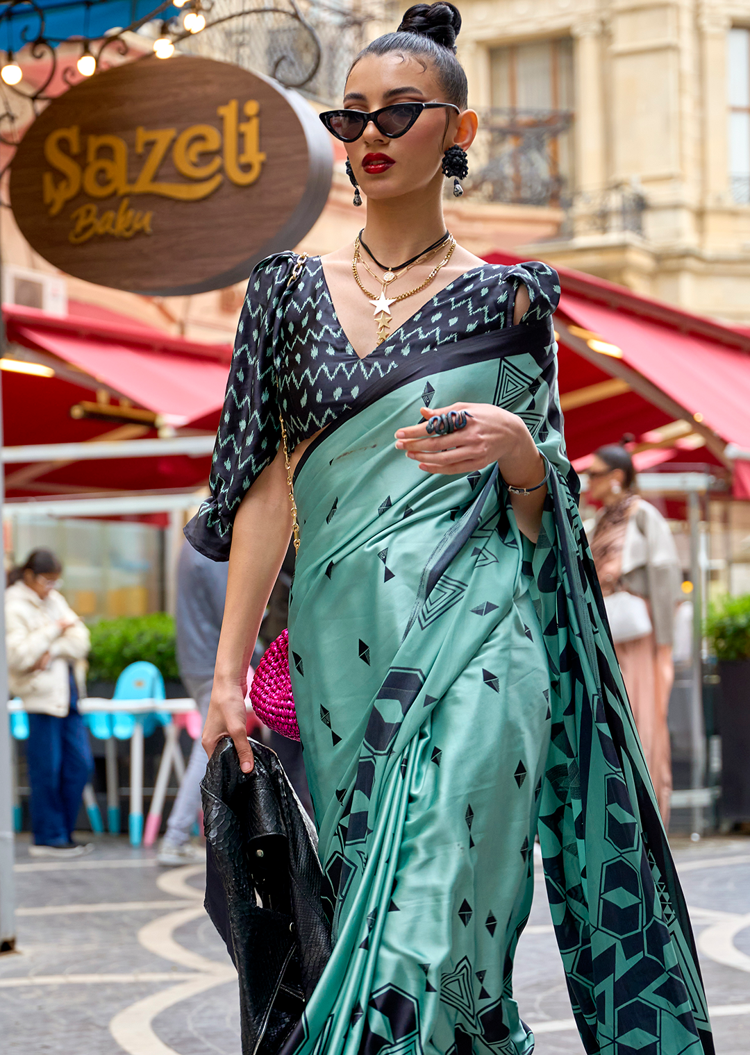 Mint Green Woven Digital Printed Pure Satin Crepe Silk Saree