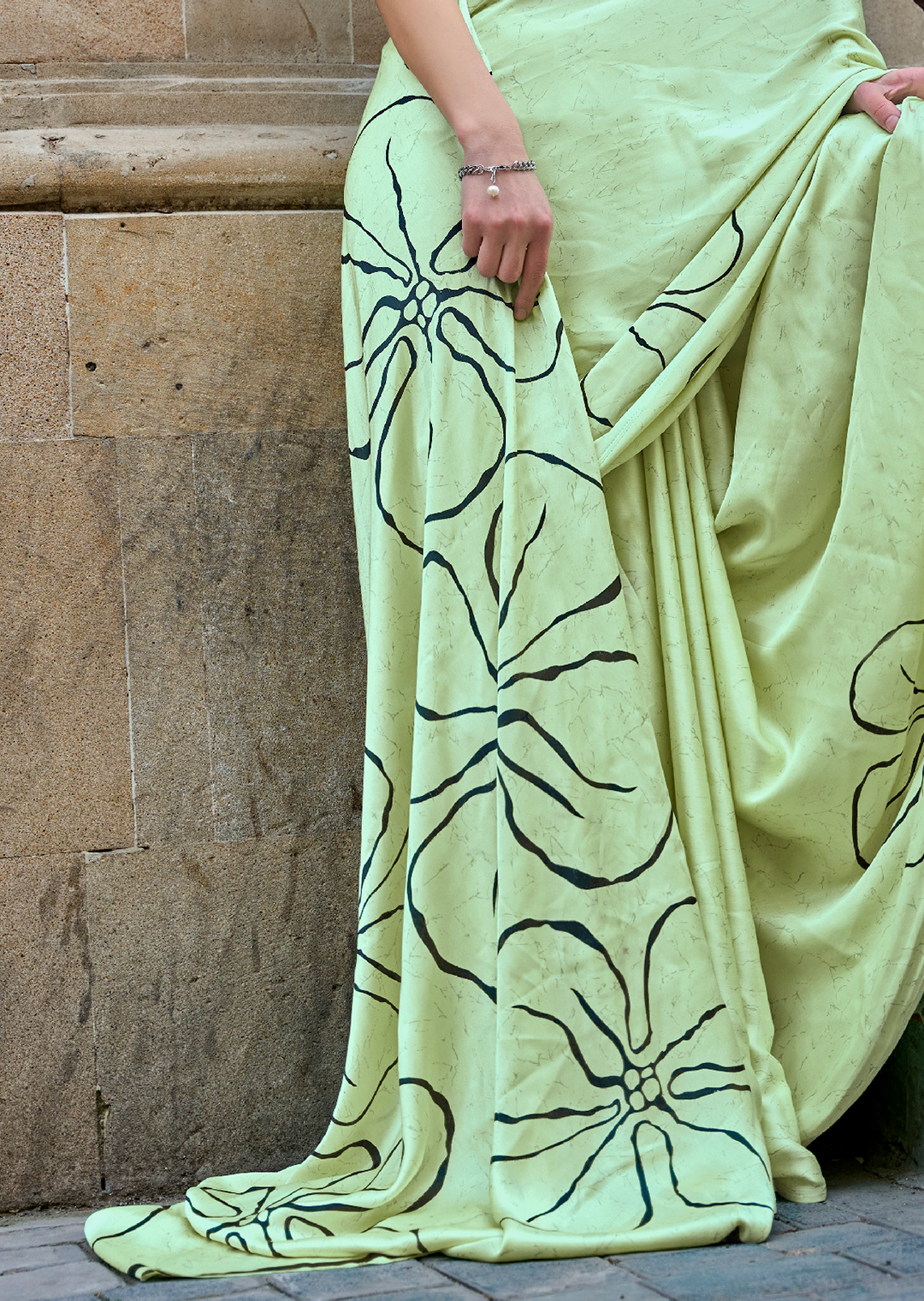 Tea Green Woven Digital Printed Pure Satin Crepe Silk Saree