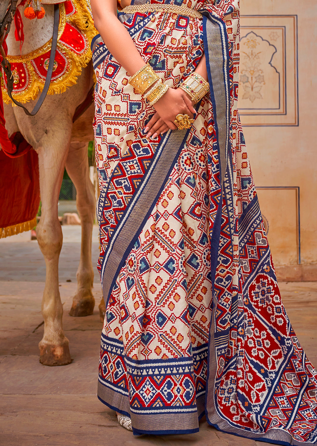 Steel Blue & White Woven Patola Silk Saree