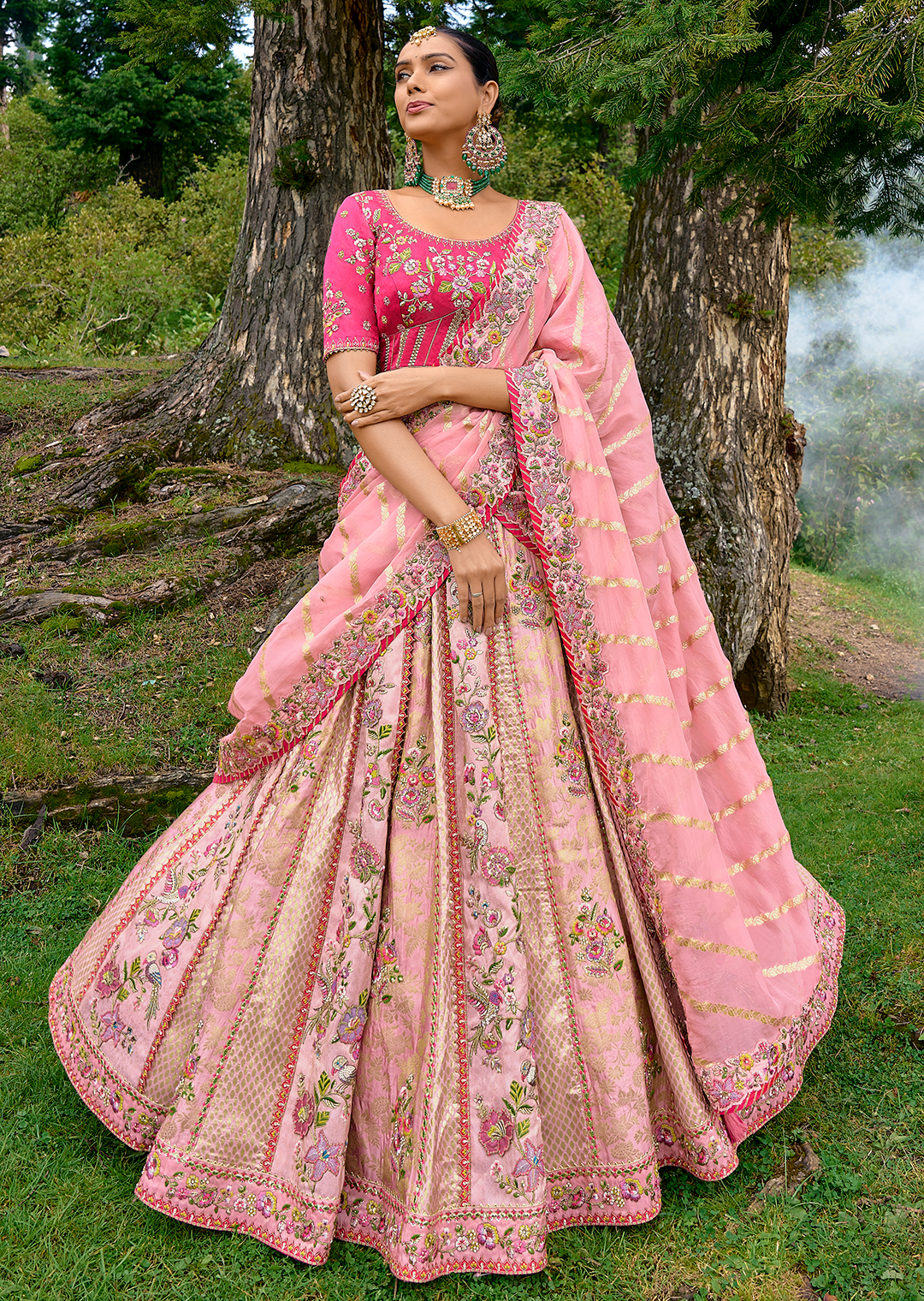 Crepe Pink Heavy Embroidered Premium Designer Silk Lehenga