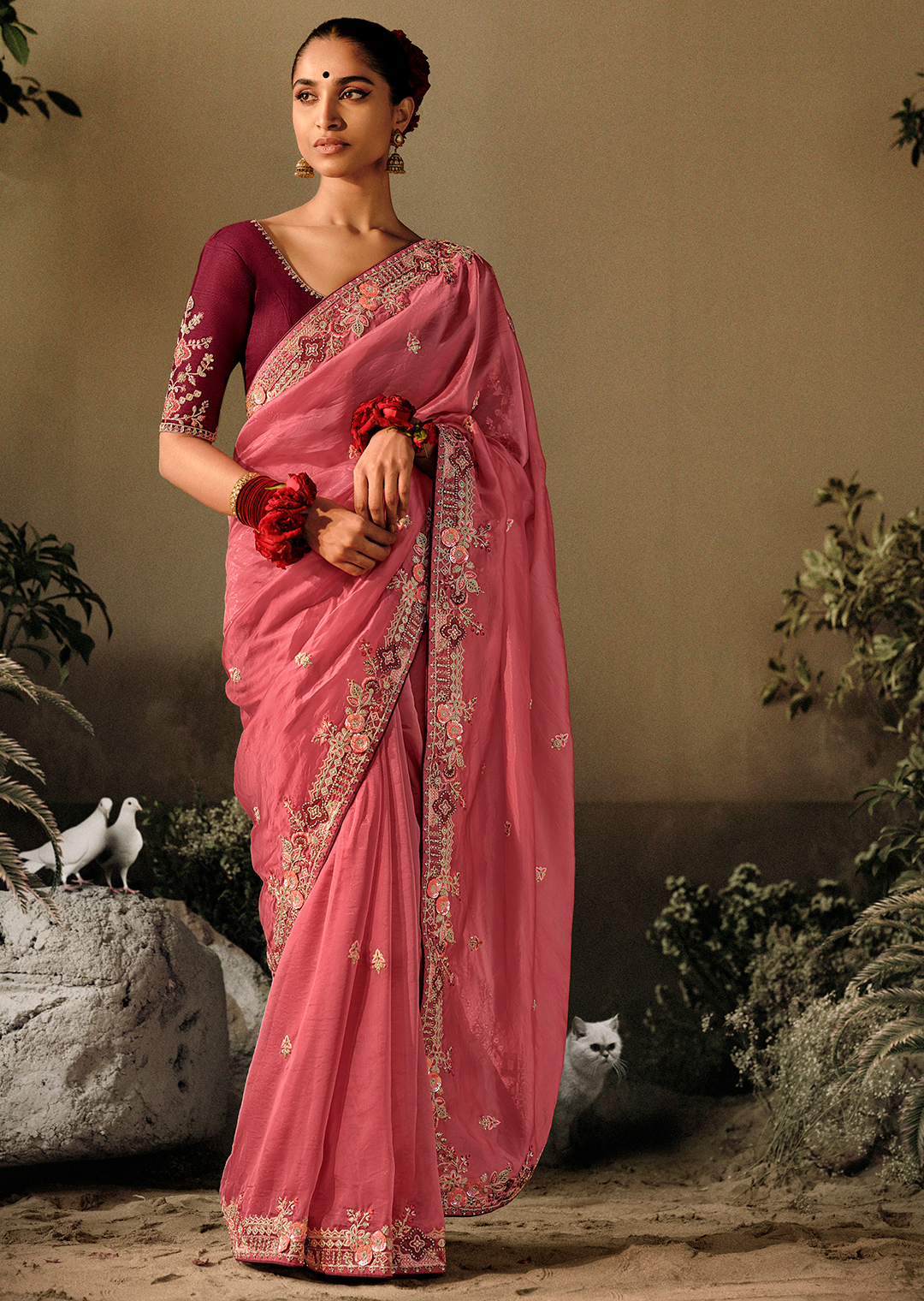 CORAL PINK WOVEN HEAVY EMBROIDERED PREMIUM DESIGNER SILK SAREE