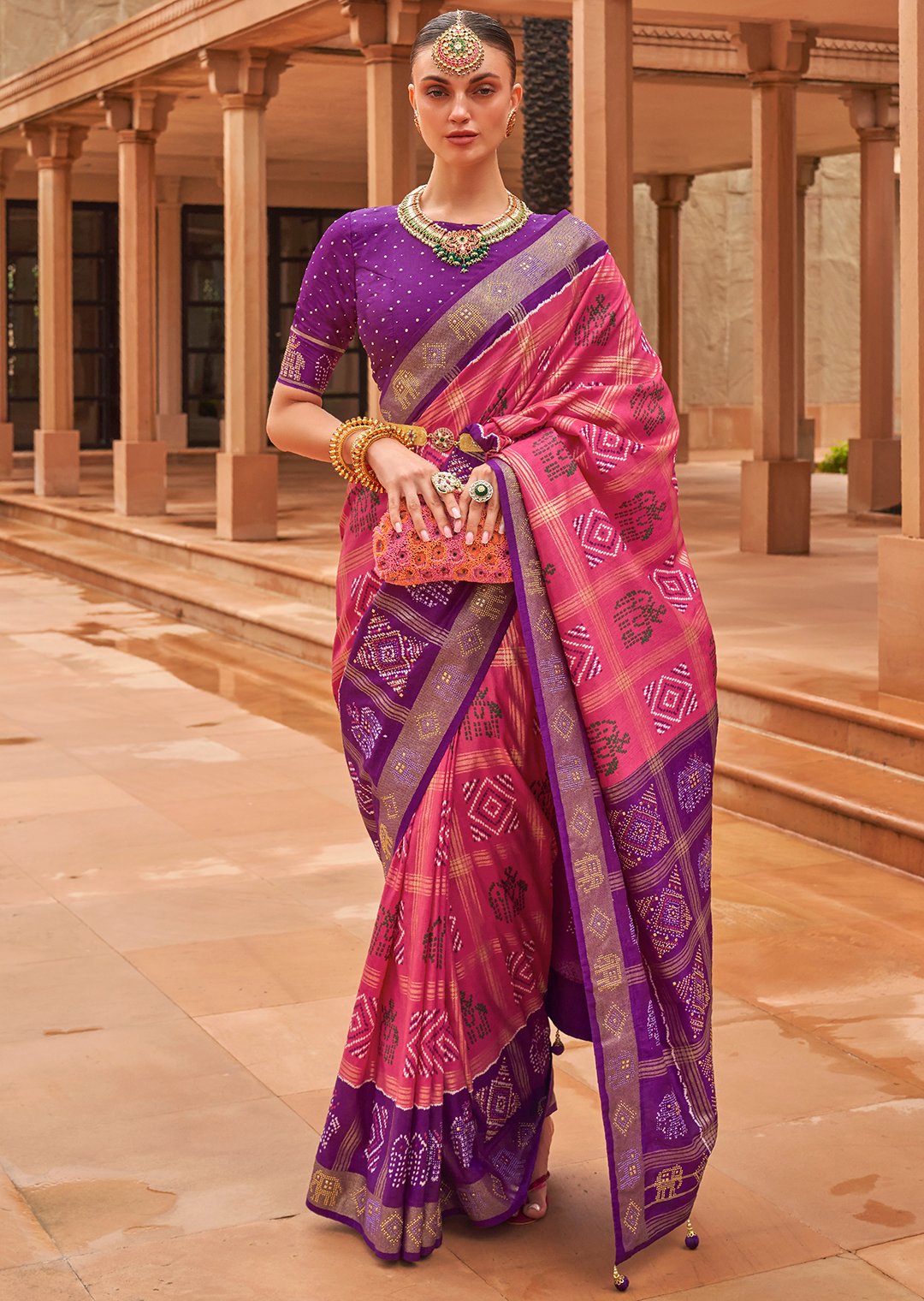 Beautiful Patola Silk With Bandhani Designed Wine Color Saree – Amrutamfab