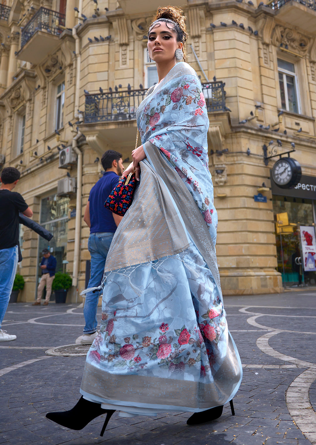 Sky Blue Woven Printed Brasso Handloom Silk Saree