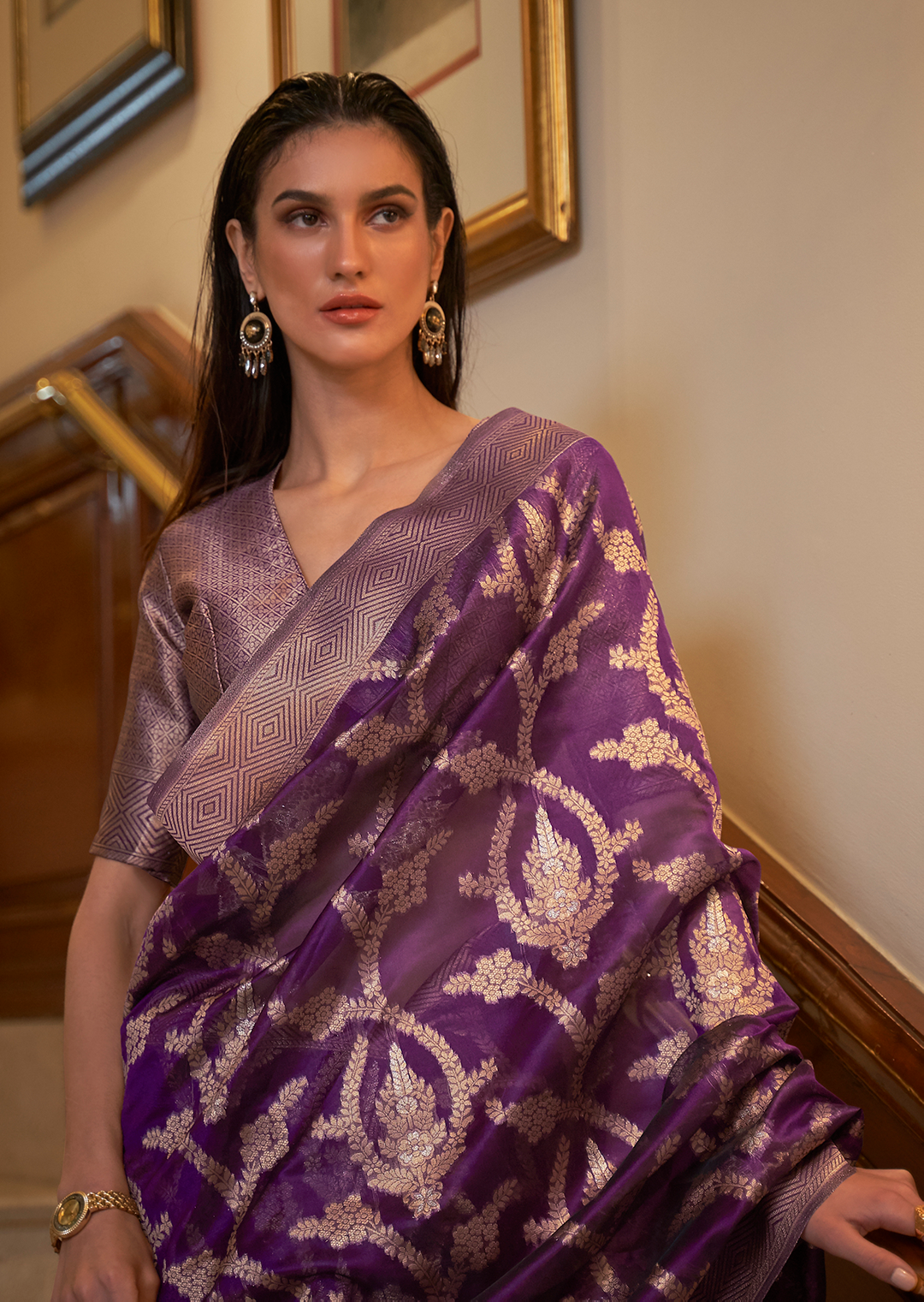 PLUM PURPLE  ZARI WOVEN HANDLOOM ORGANZA SILK SAREE