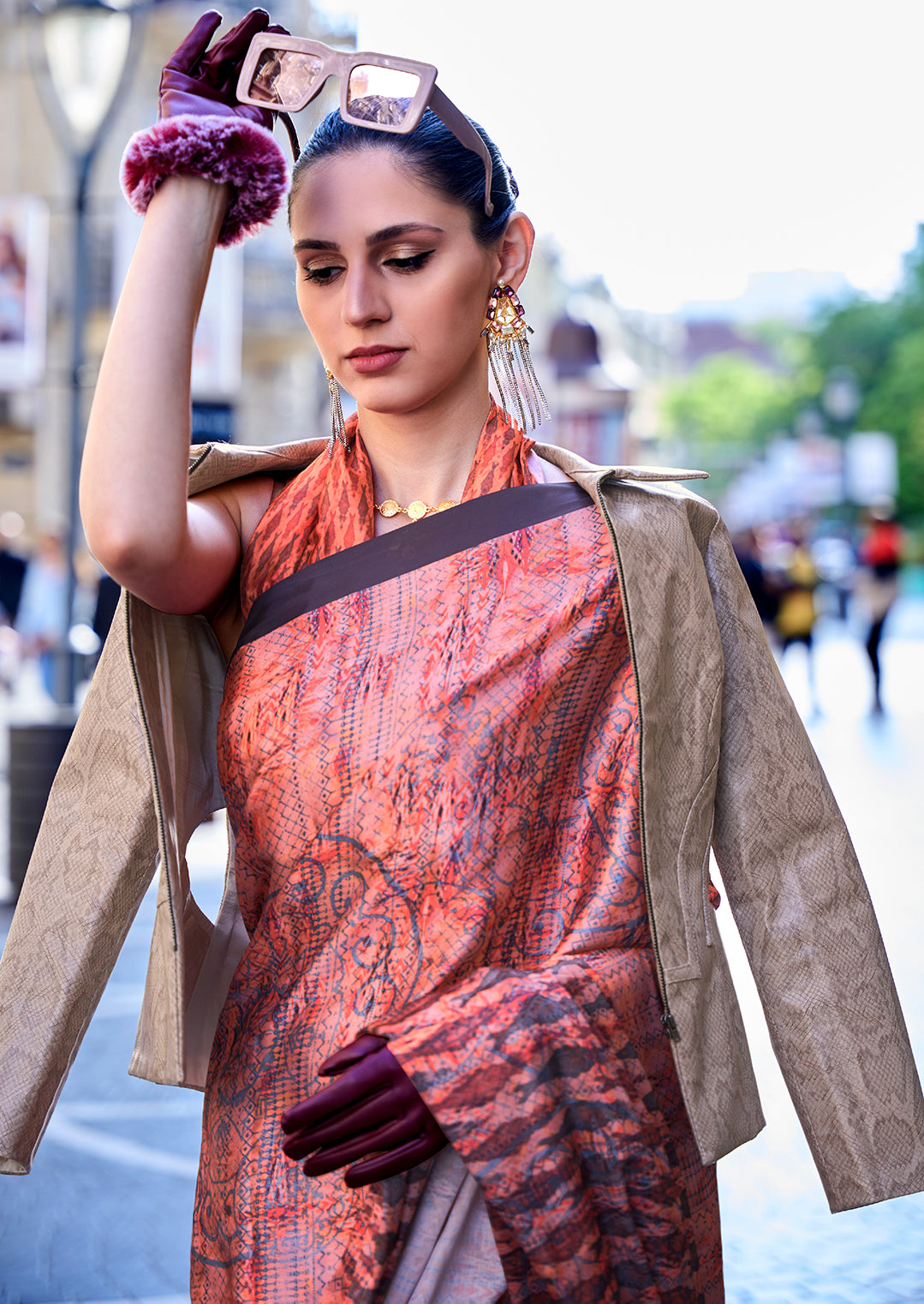 Georgia Peach Orange Woven Digital Printed Satin Crepe Silk Saree