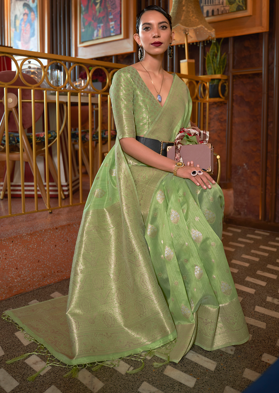 Tea Green Woven Pure Handloom Tussar Silk Saree