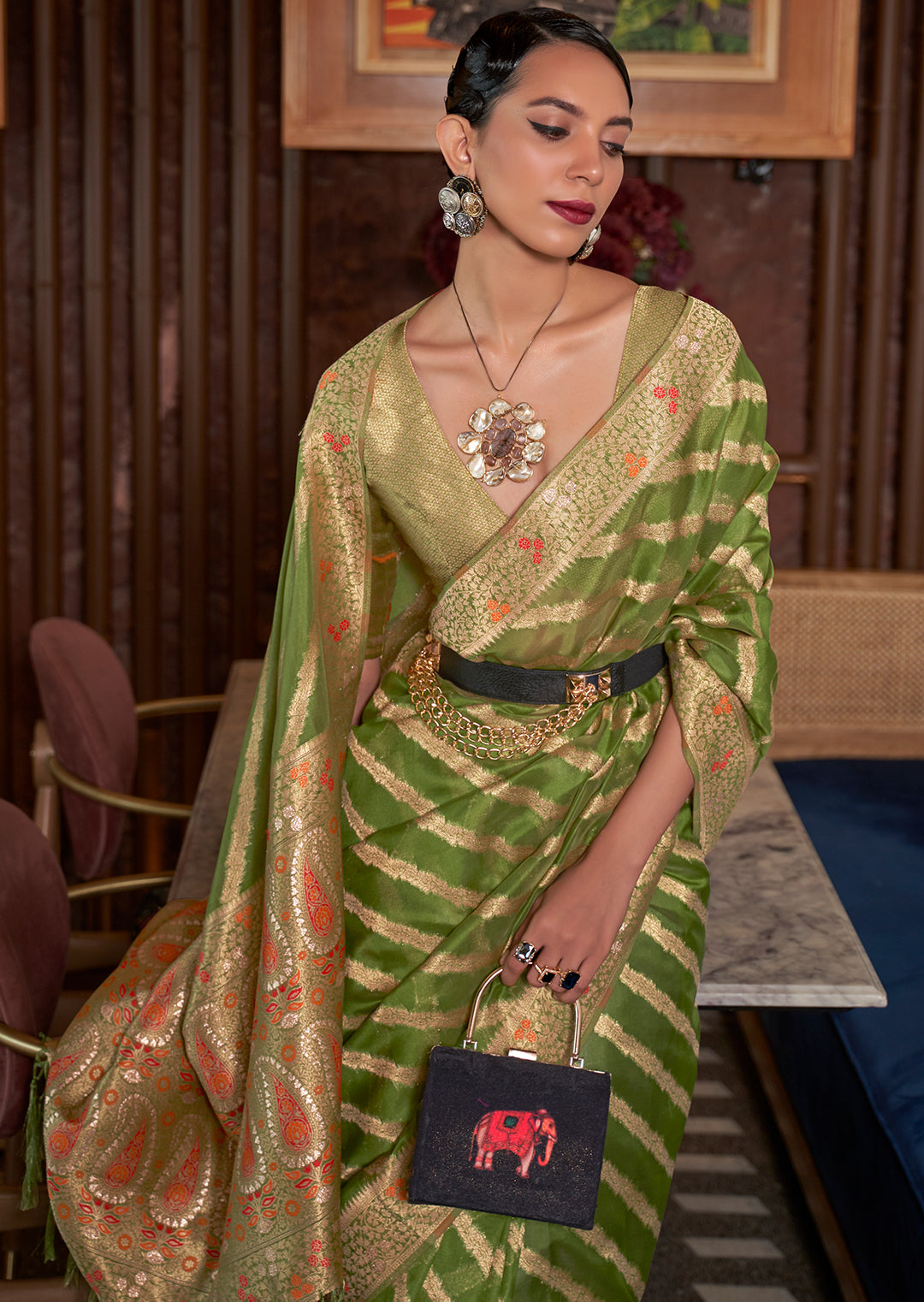 Pear Green Two Tone Meenakari Woven Pure Organza Silk Saree