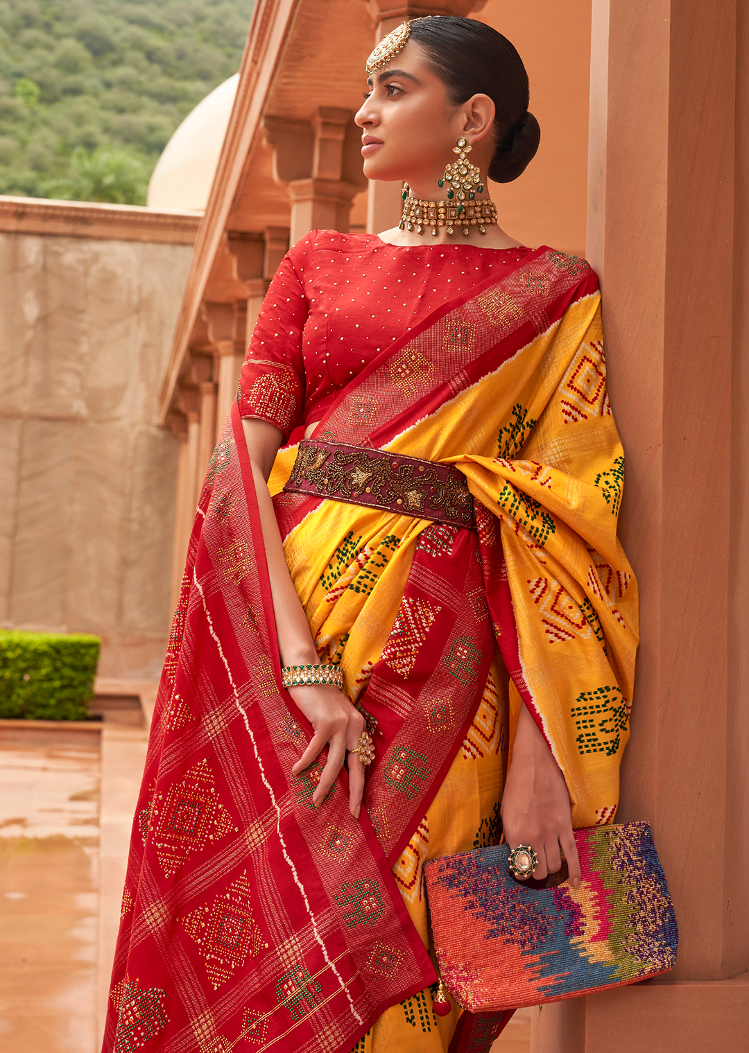 Golden Yellow Woven Traditional Bandhani Patola Silk Saree