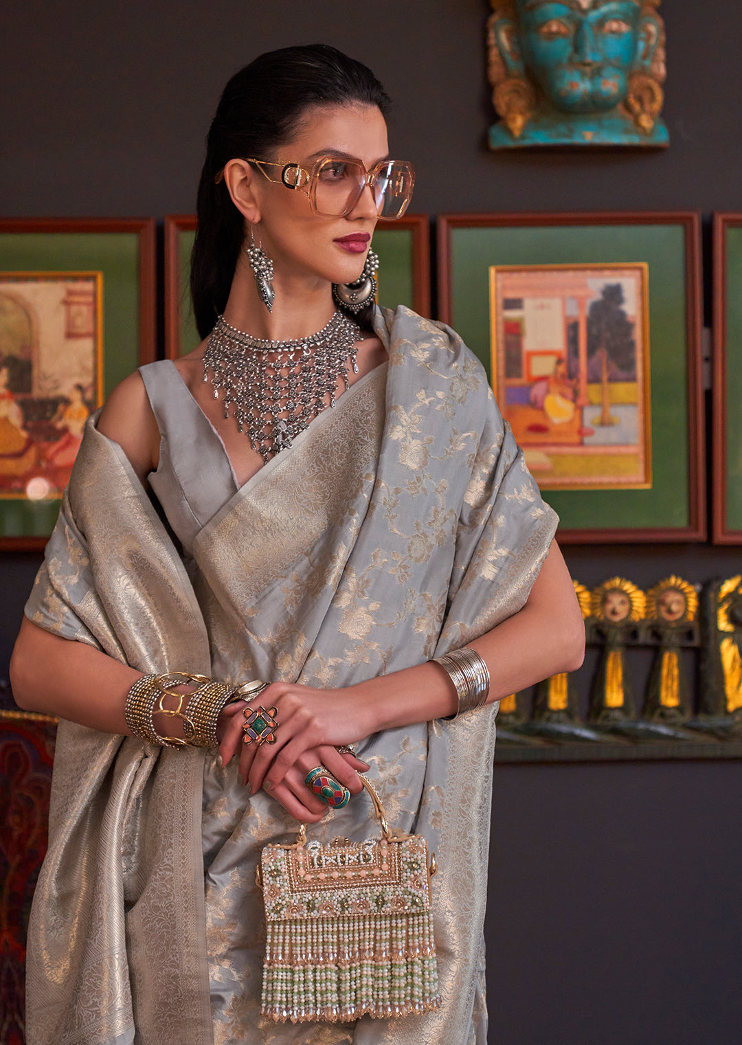 Cloud Grey Woven Pure Handloom Katan Silk Saree