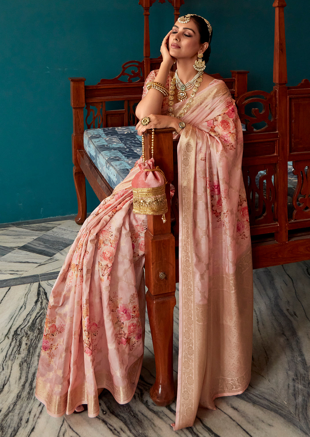 Peach Zari Woven Printed Handloom Crepe Silk Saree