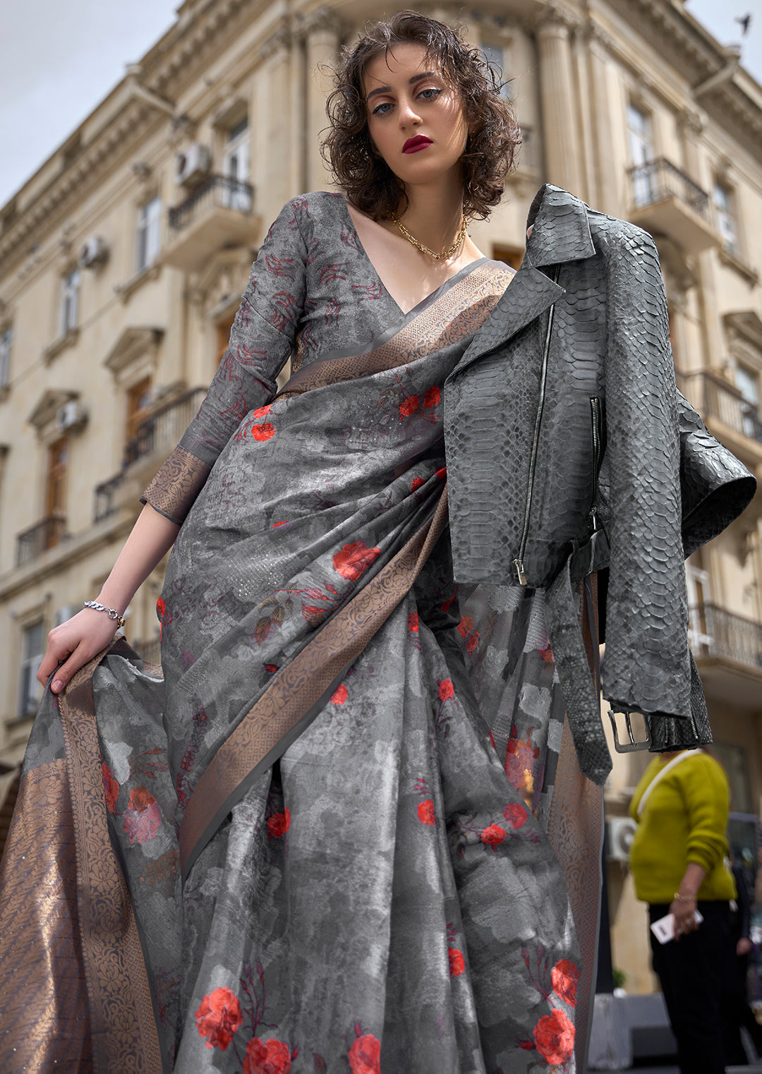 Slate Grey Woven Printed Brasso Handloom Silk Saree