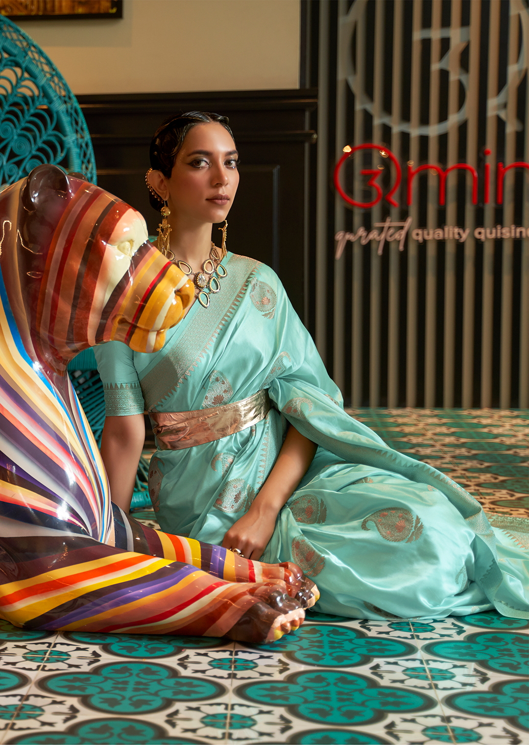 PALE TURQUOISE BLUE  ZARI WOVEN BANARASI PURE SATIN SILK SAREE