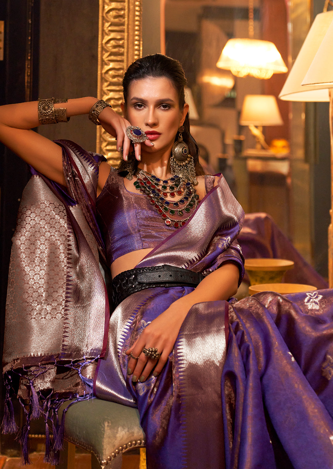 Violet Zari Woven Two Tone Pure Handloom Organza Silk Saree