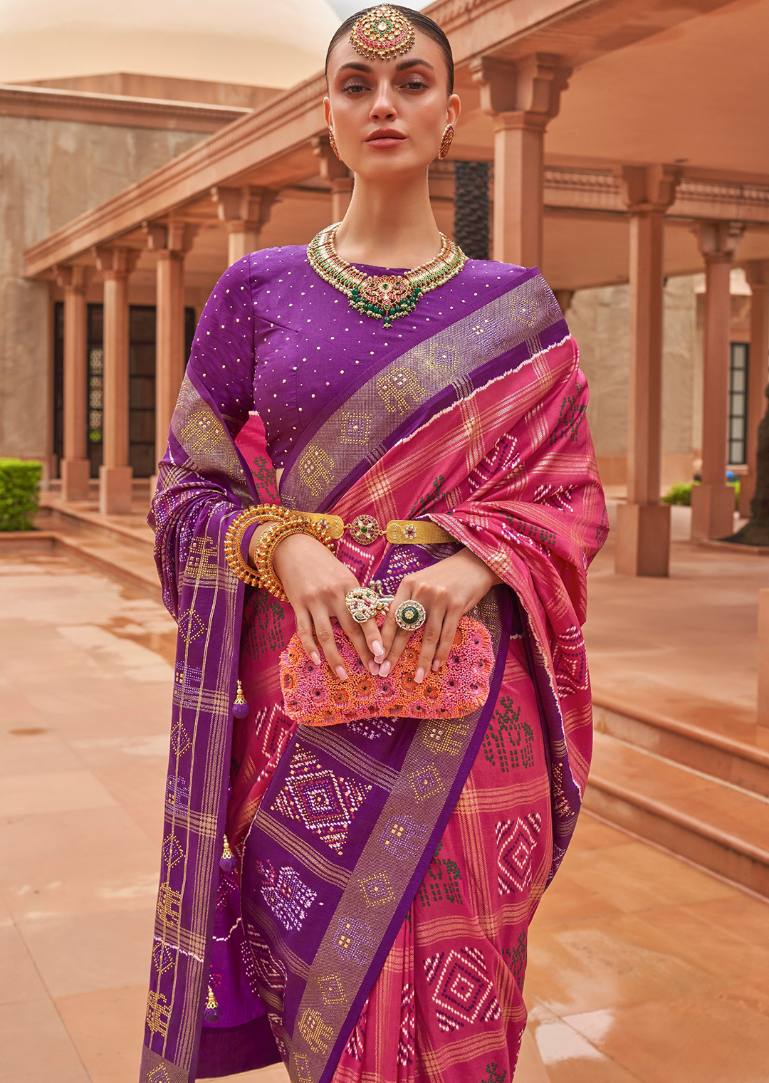 Brink Pink Woven Traditional Bandhani Patola Silk Saree