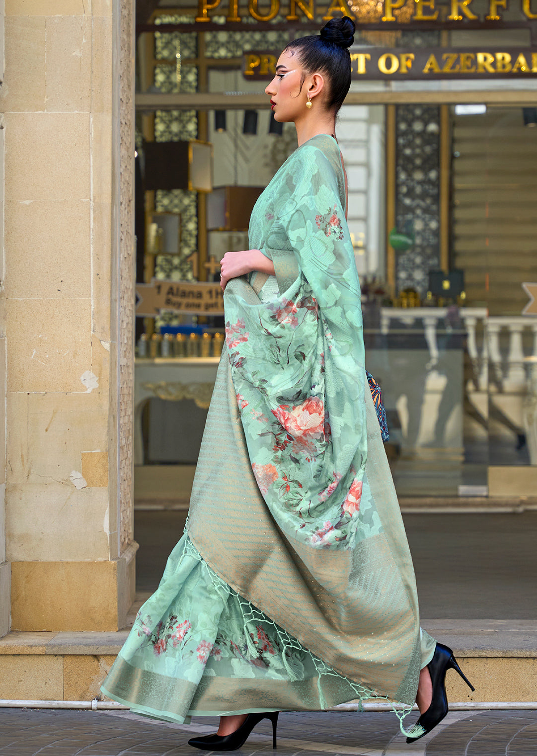 Mint Blue Woven Printed Brasso Handloom Silk Saree