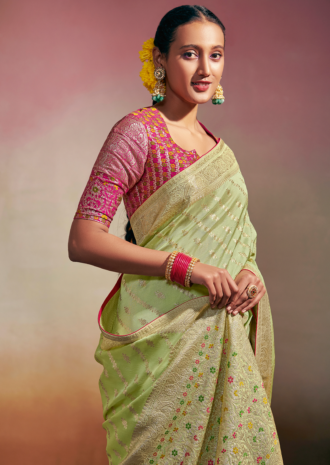 TEA GREEN WOVEN PURE CHINON CHIFFON DESIGNER SILK SAREE