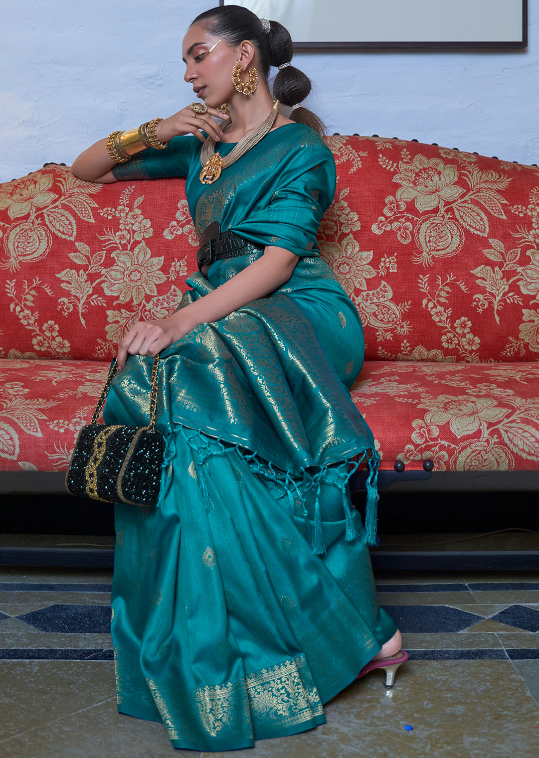 Teal Blue Zari Woven Pure Handloom Silk Saree