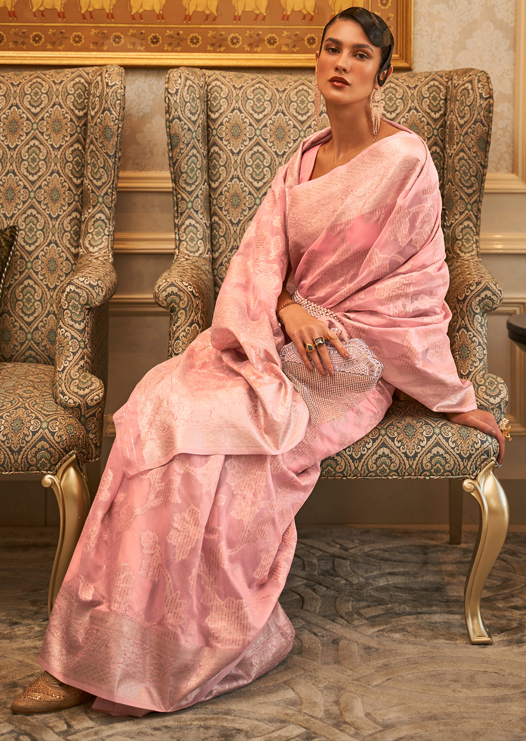 Crepe Pink Zari Woven Pure Handloom Linen Silk Saree