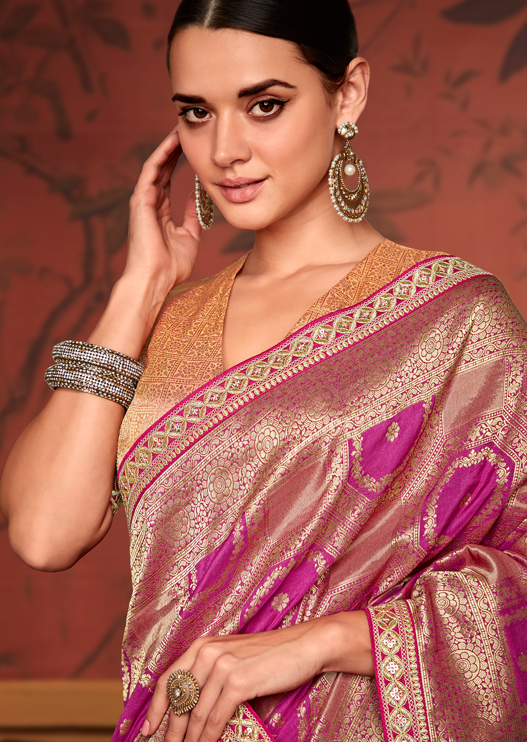 MAGENTA PINK PURE CREPE SILK DESIGNER BANARASI SAREE