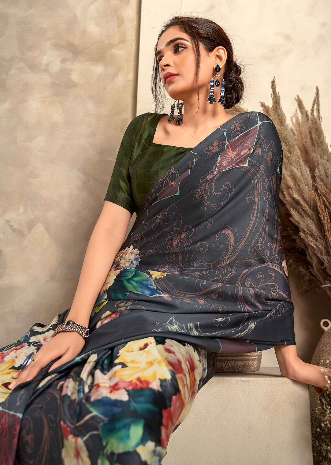 Deep Grey Woven Digital Printed Crepe Silk Saree